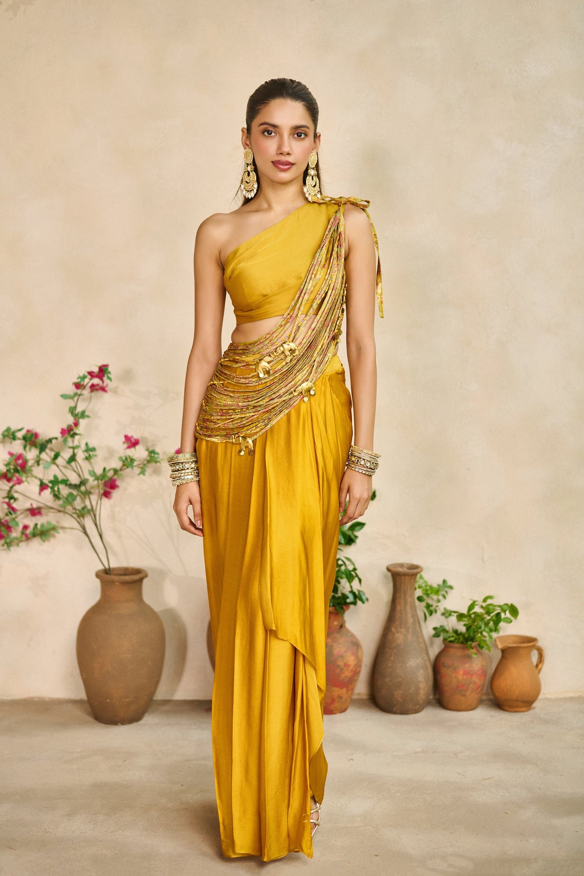 Kanak taar one shoulder sash top lungi skirt set
