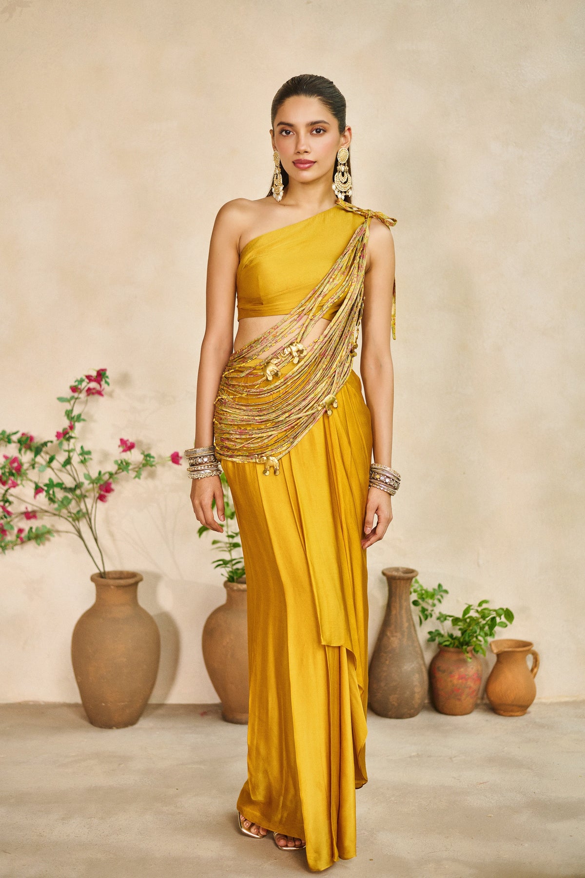 Kanak taar one shoulder sash top lungi skirt set