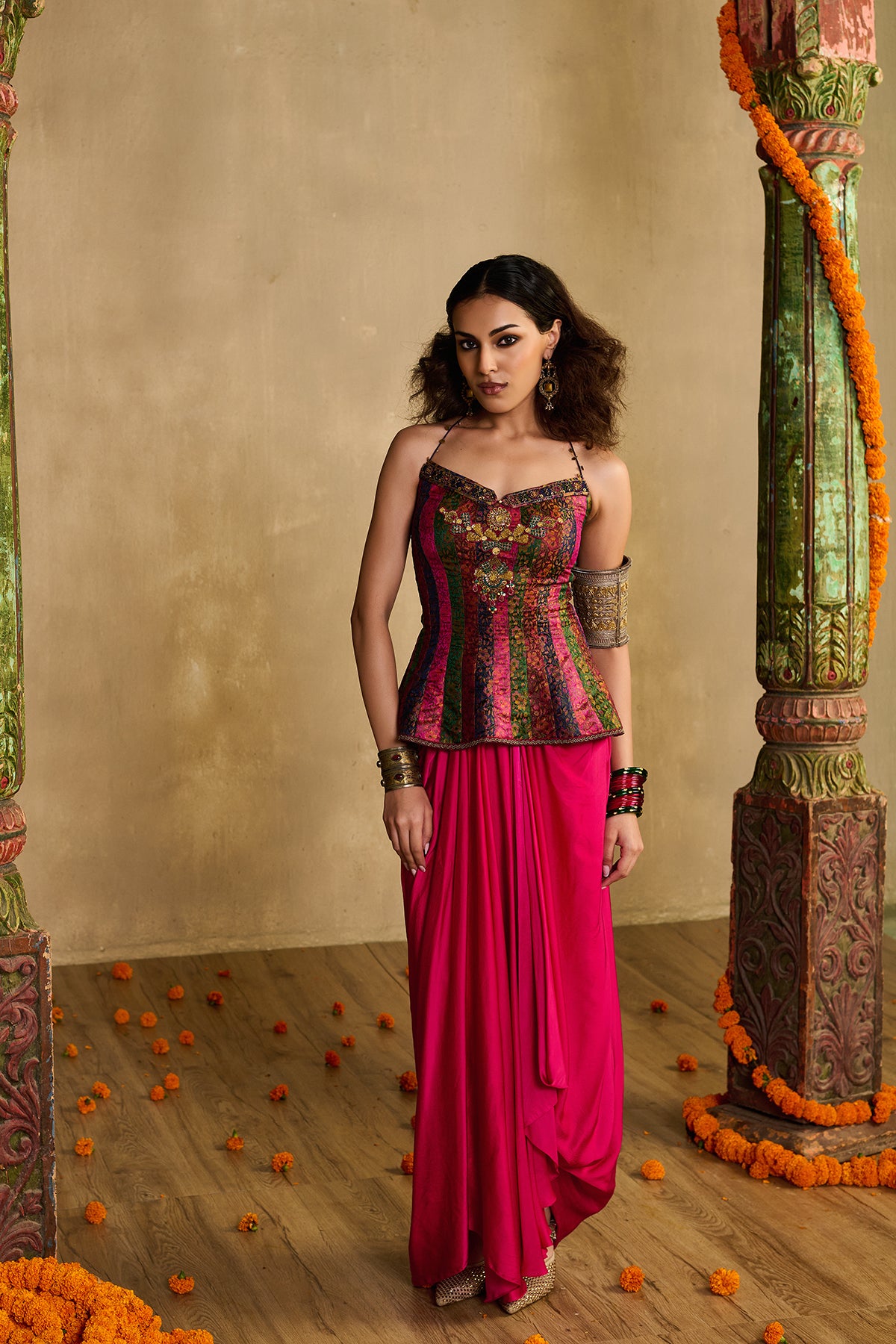 Rani pink corset drape skirt set