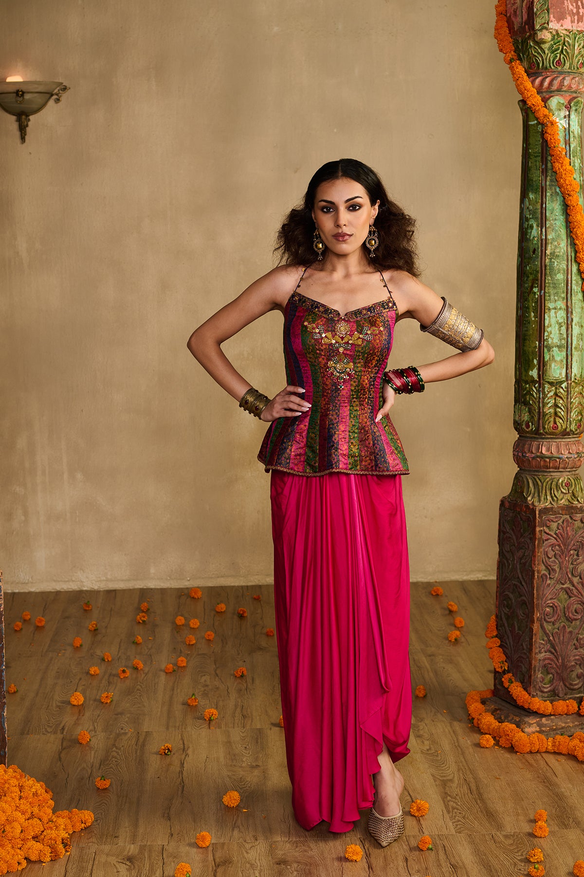 Rani pink corset drape skirt set