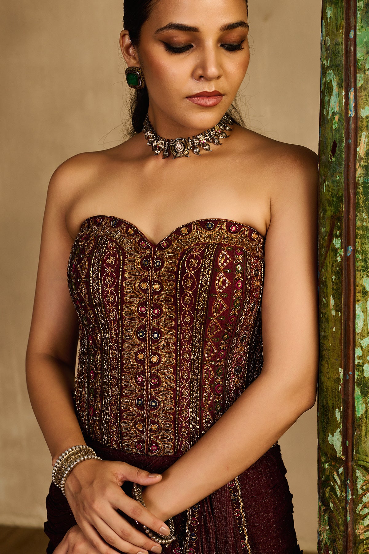 Saanjh maroon Corset Drape Skirt Set
