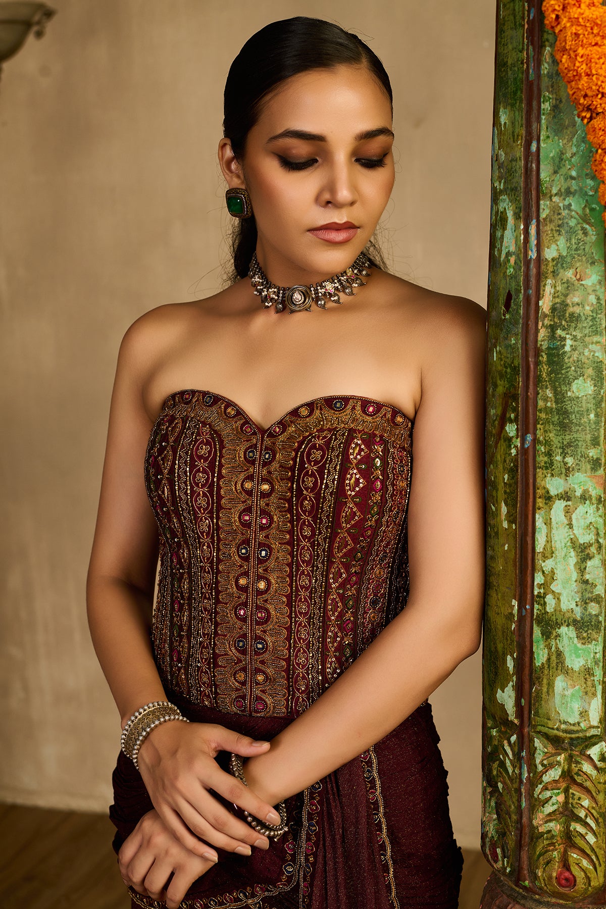 Saanjh maroon Corset Drape Skirt Set
