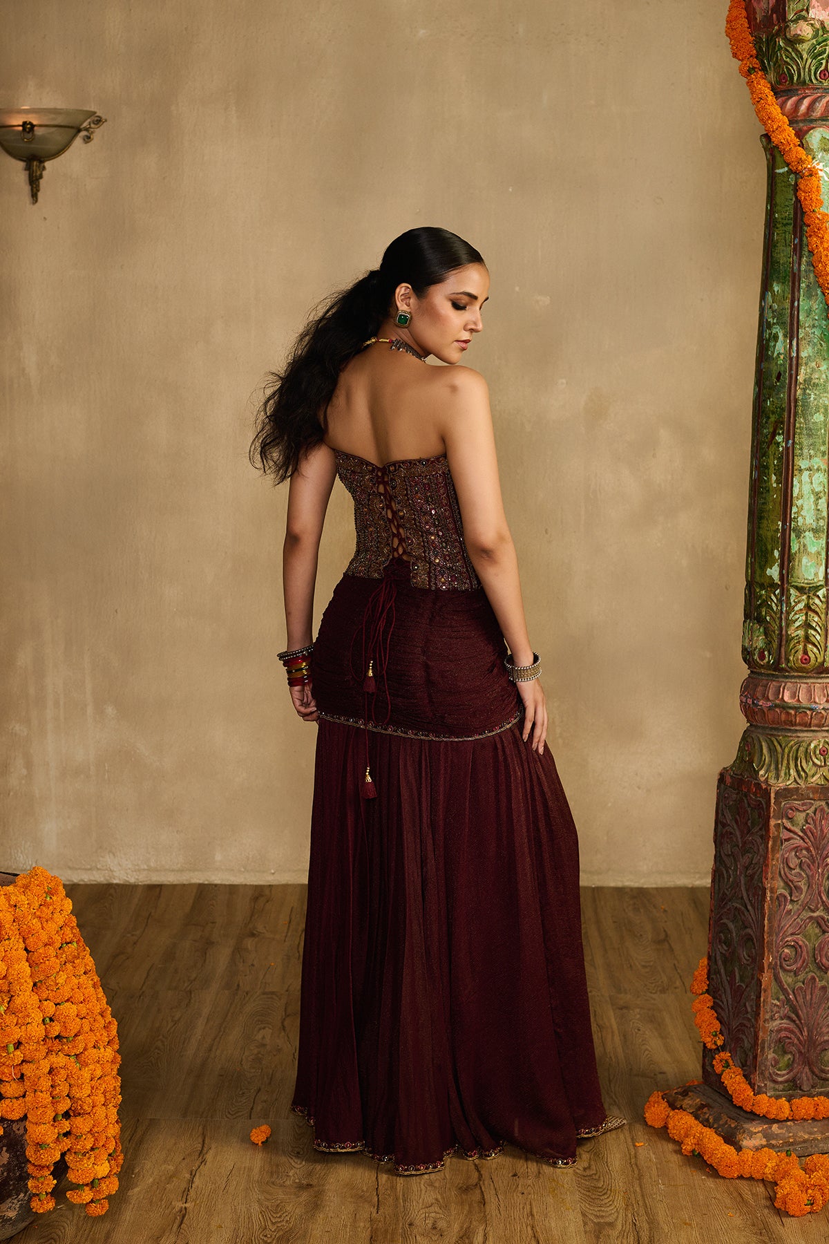 Saanjh maroon Corset Drape Skirt Set