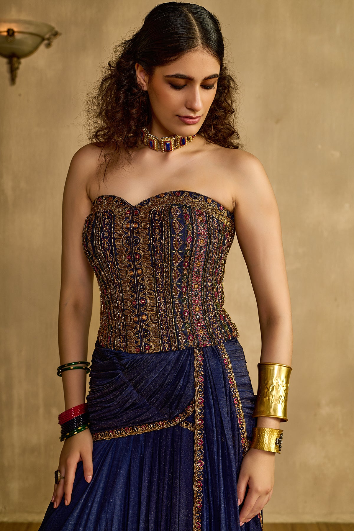 Saanjh midnight blue Corset Drape Skirt Set