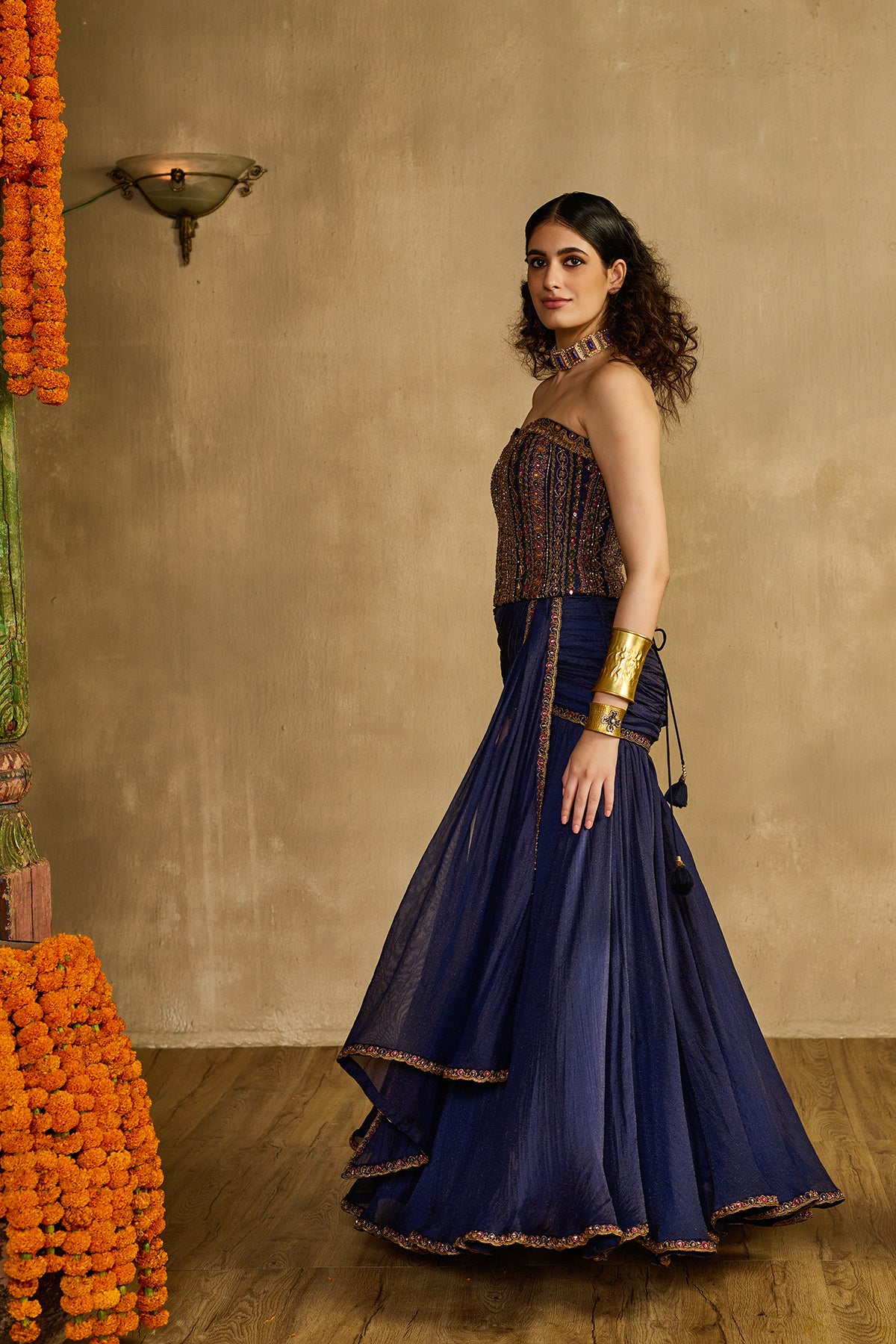Saanjh midnight blue Corset Drape Skirt Set