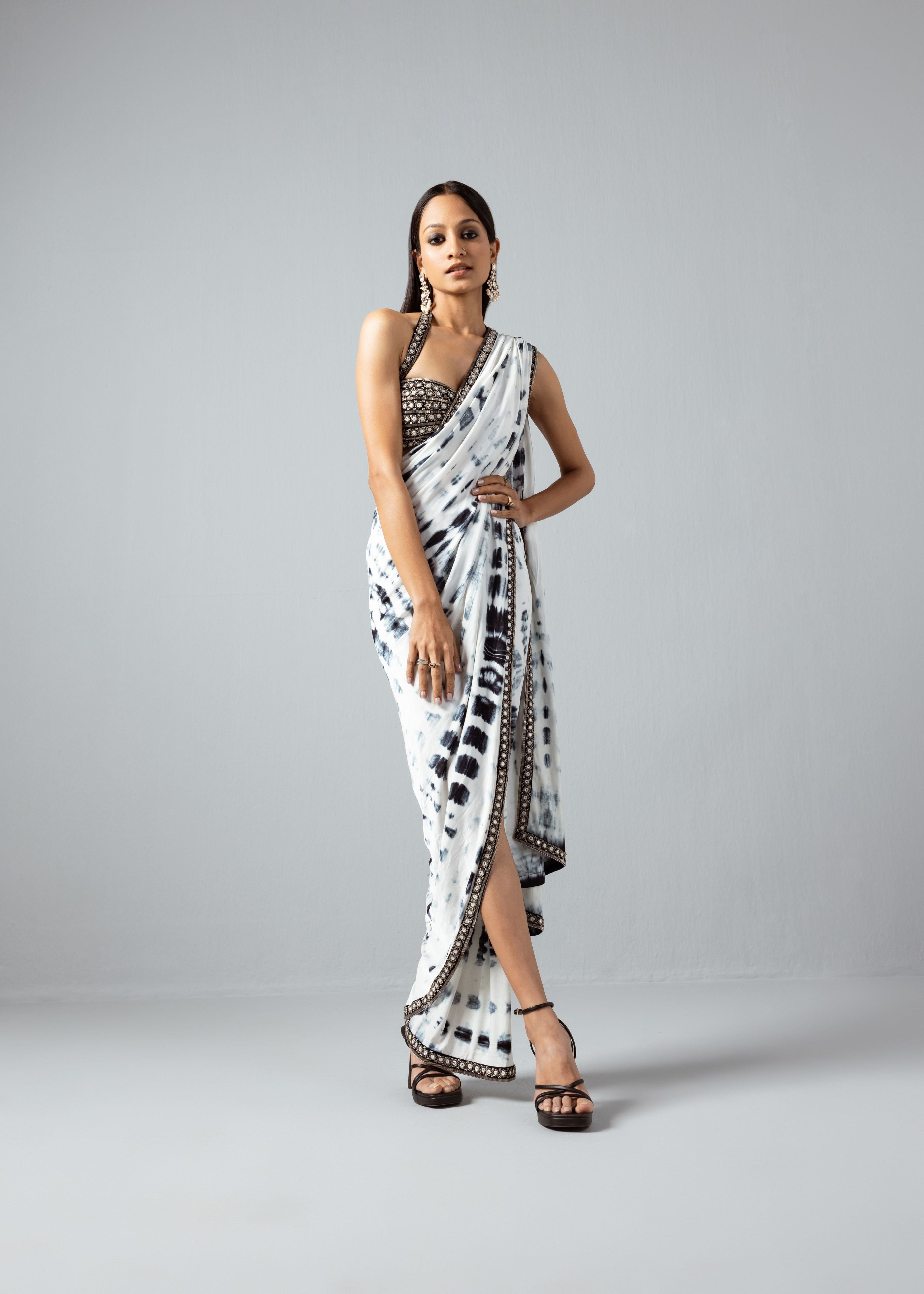 Ivory Tie-Dye Slit Drape Saree