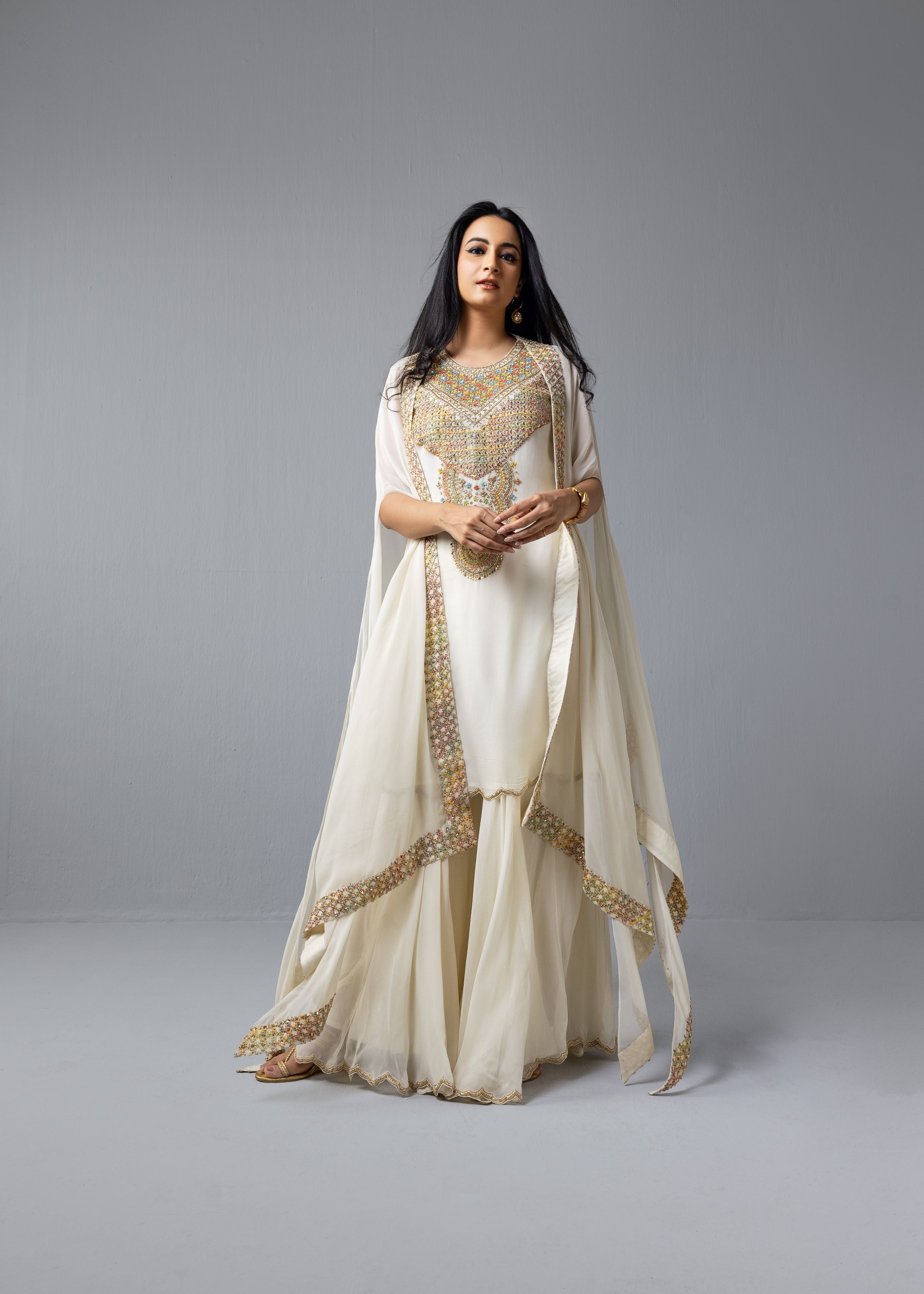 Ivory Kurta With Sharara Cape