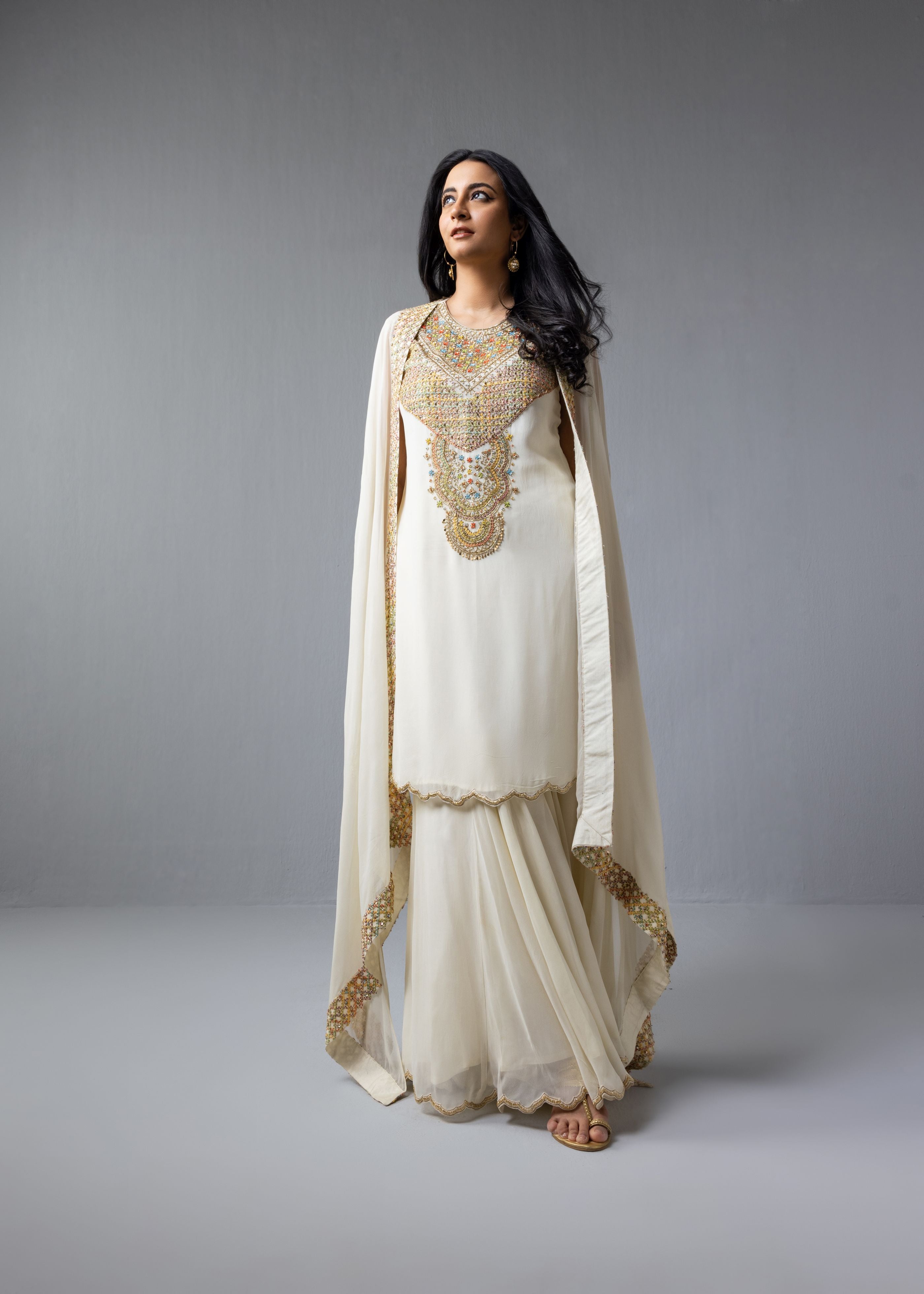 Ivory Kurta With Sharara Cape