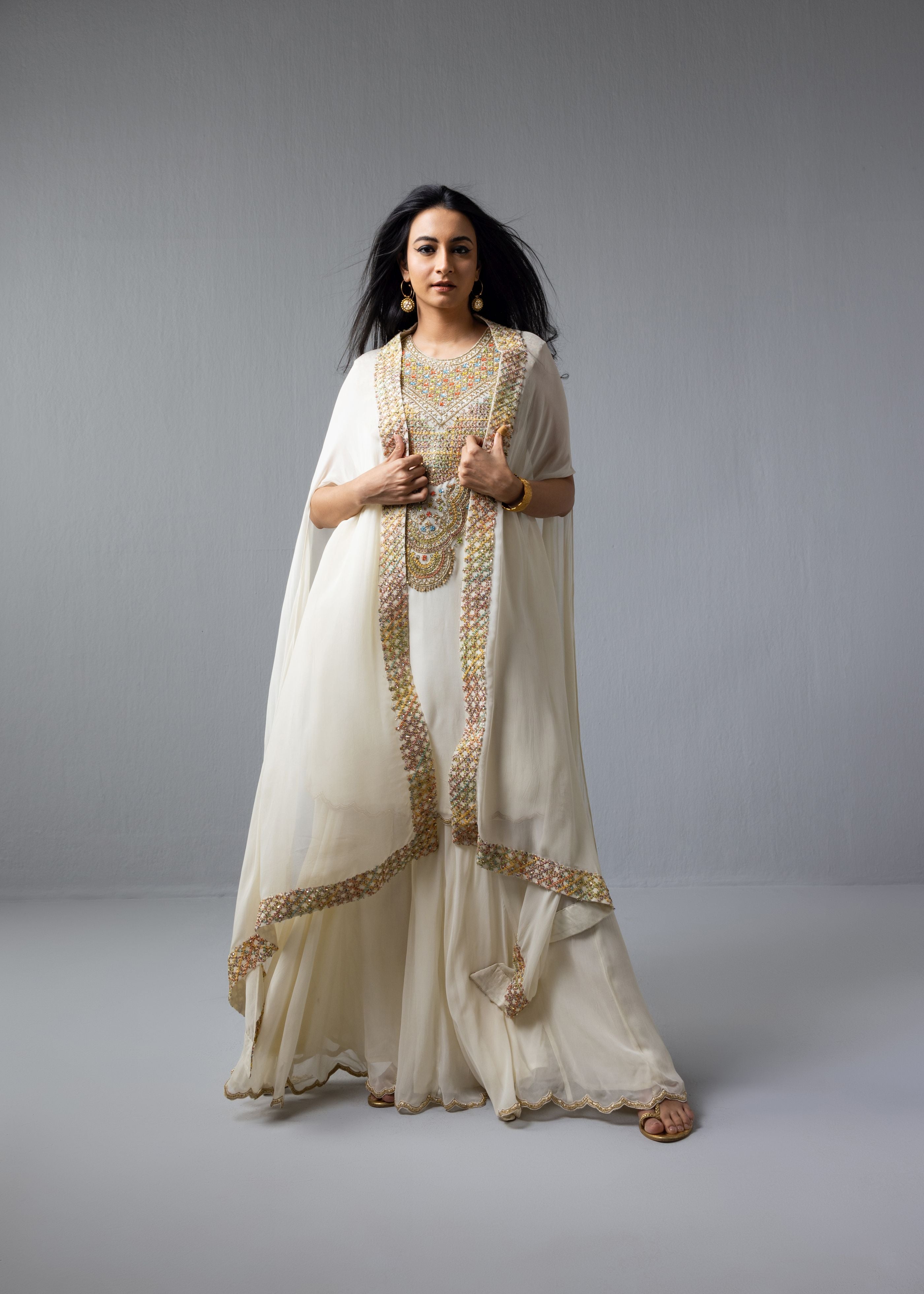 Ivory Kurta With Sharara Cape