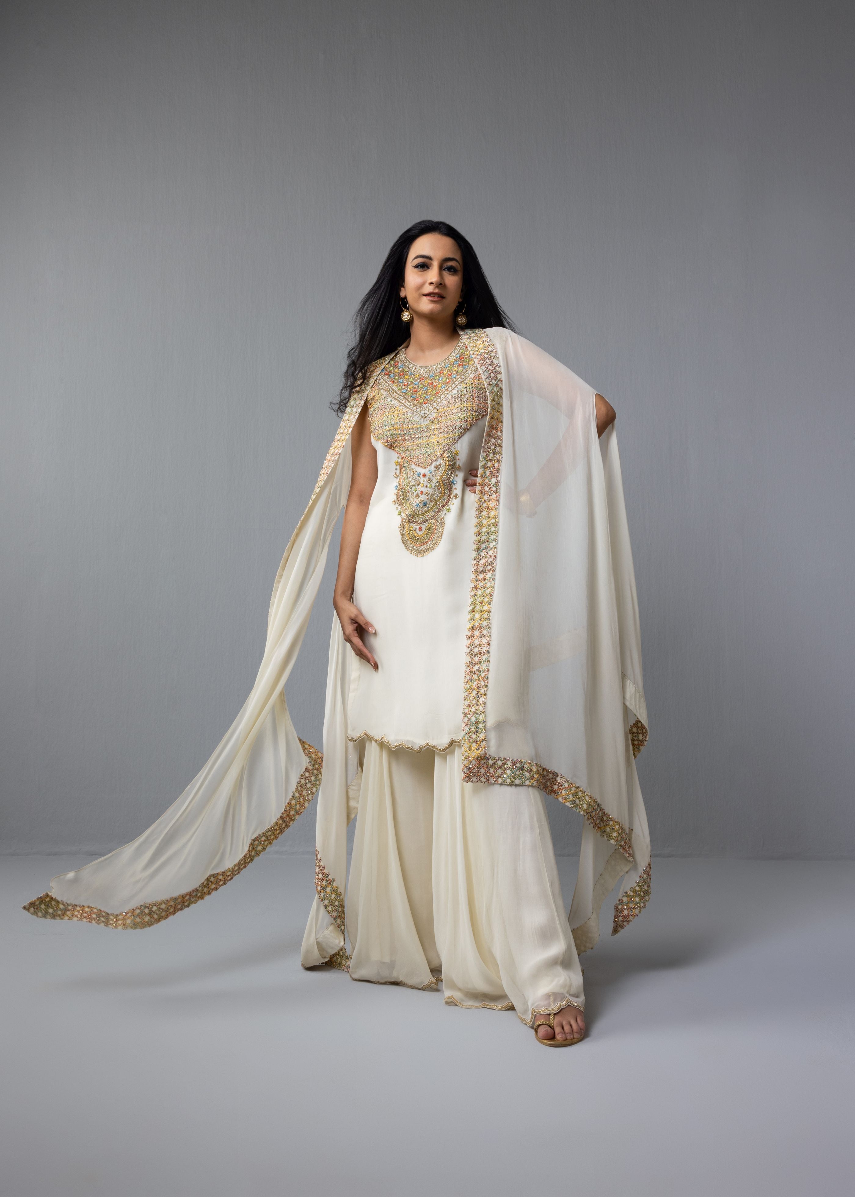 Ivory Kurta With Sharara Cape