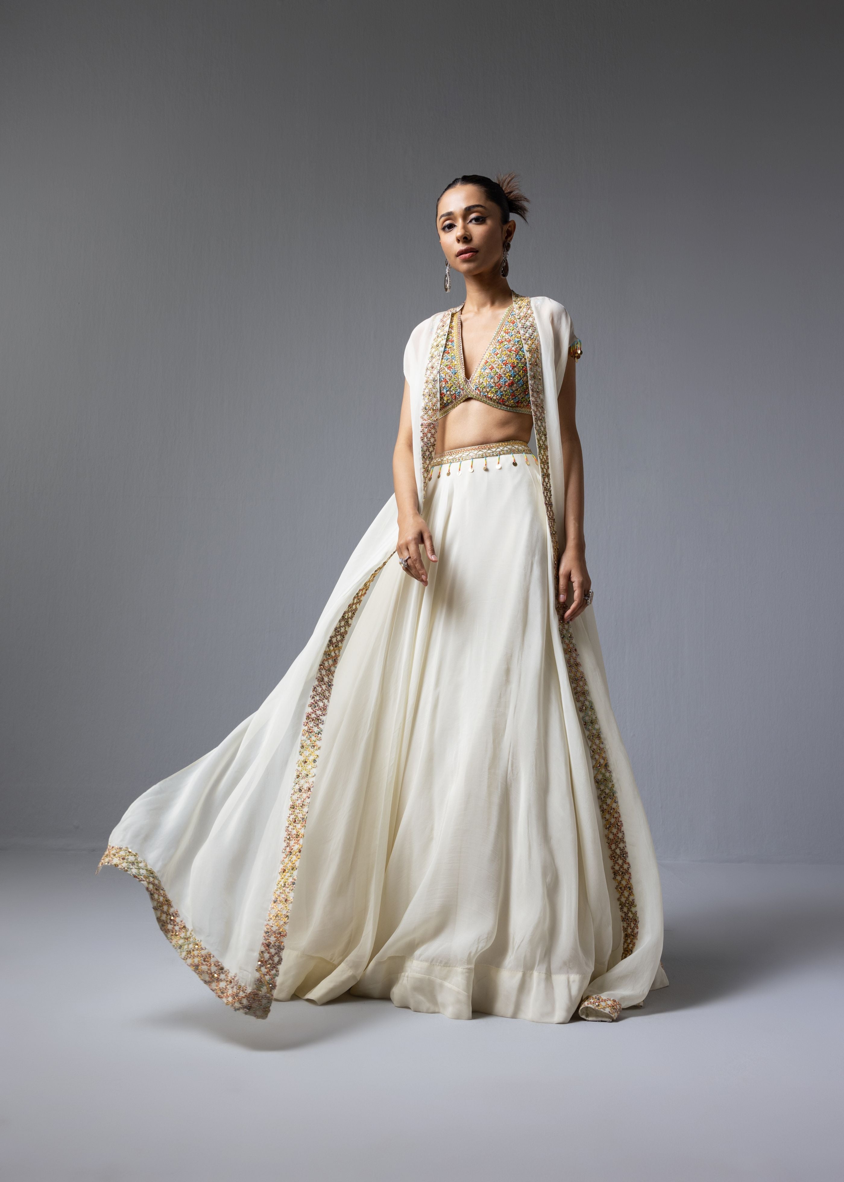 Ivory Embroidered Blouse Lehenga Cape
