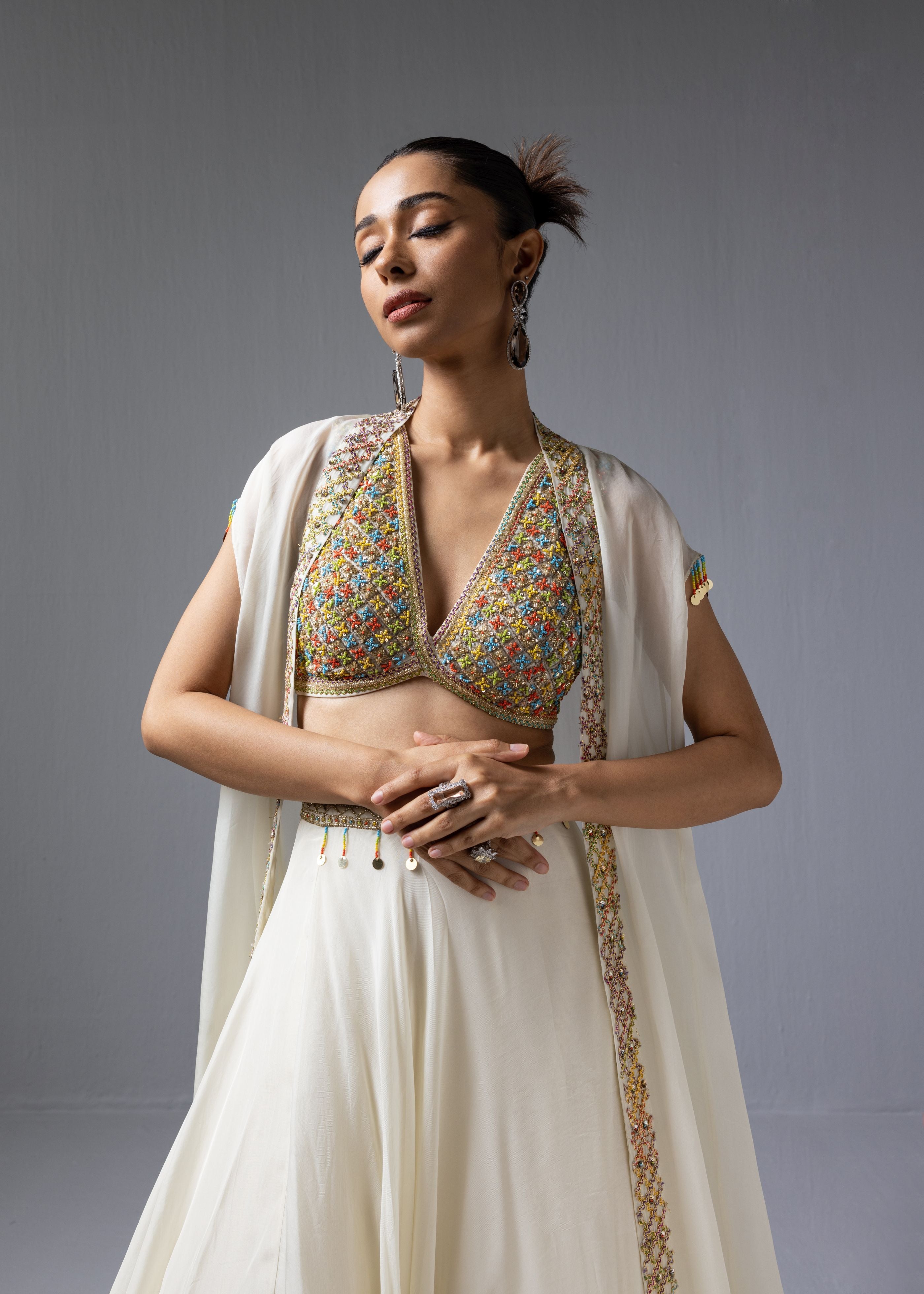 Ivory Embroidered Blouse Lehenga Cape