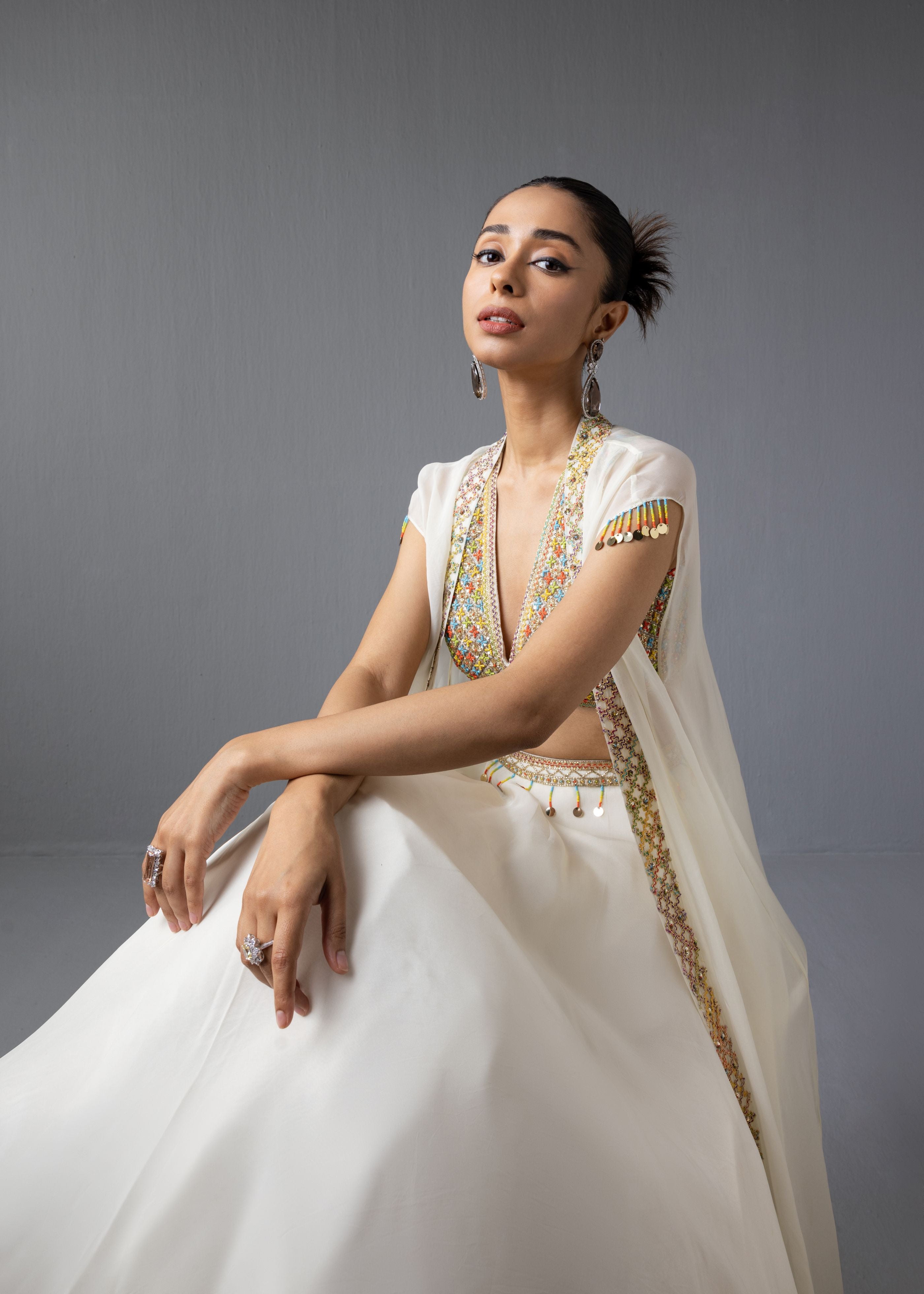 Ivory Embroidered Blouse Lehenga Cape