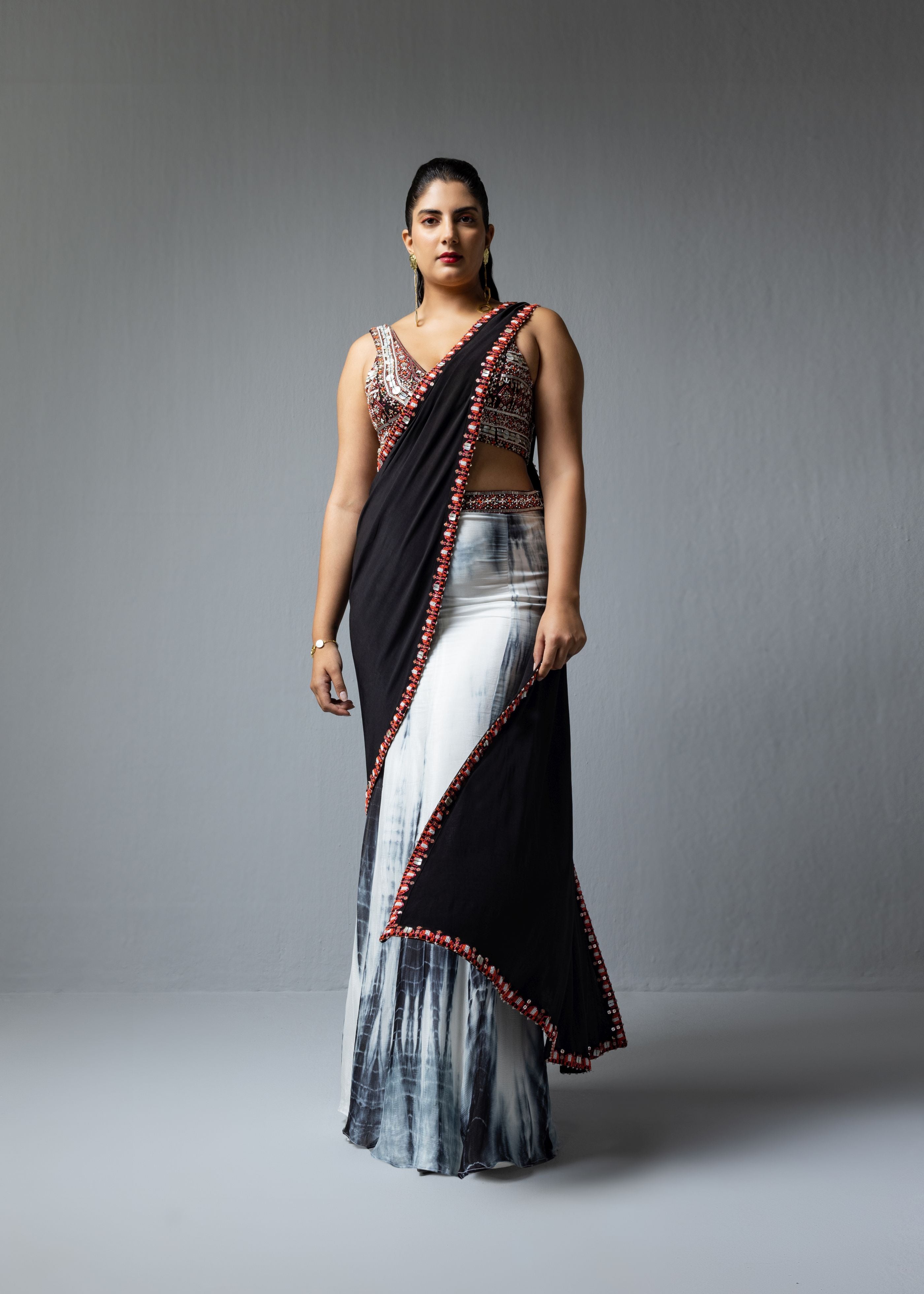 Black Tie-Dye Drape Saree