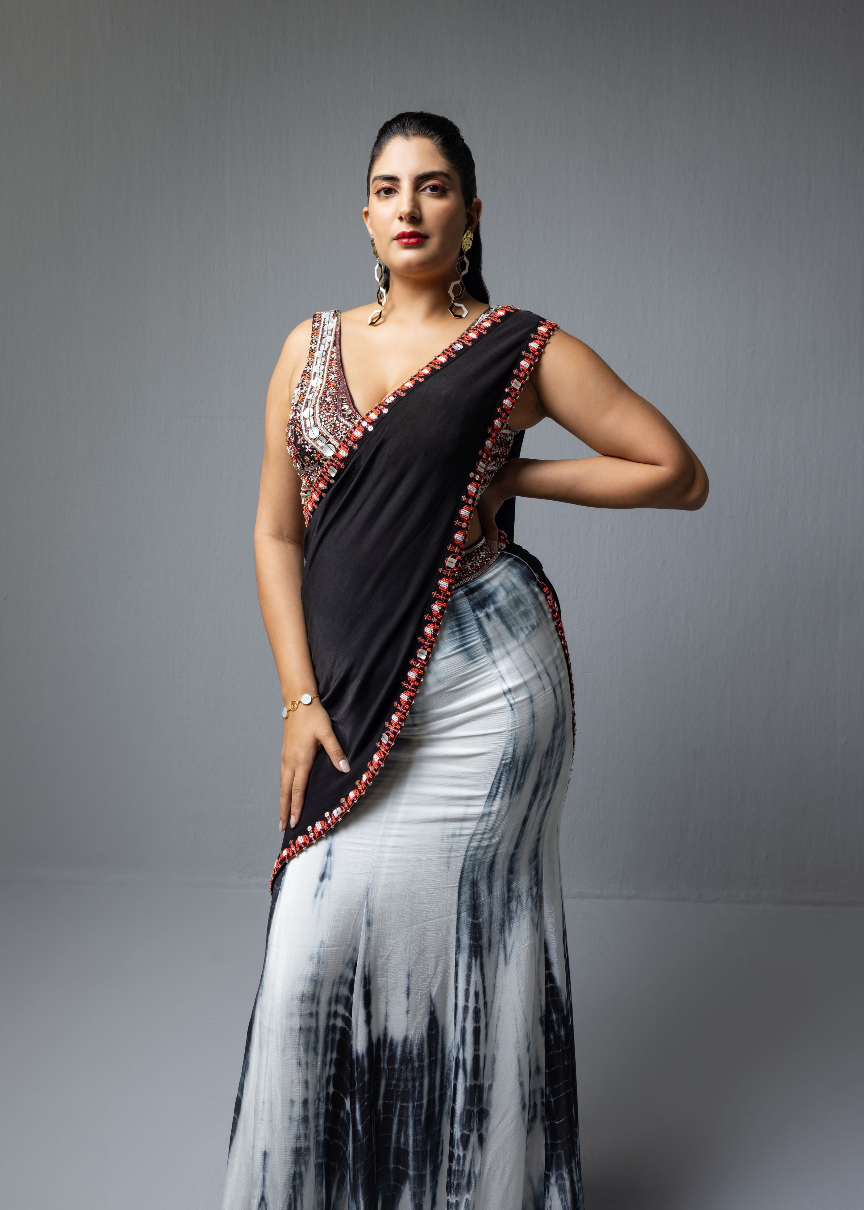 Black Tie-Dye Drape Saree