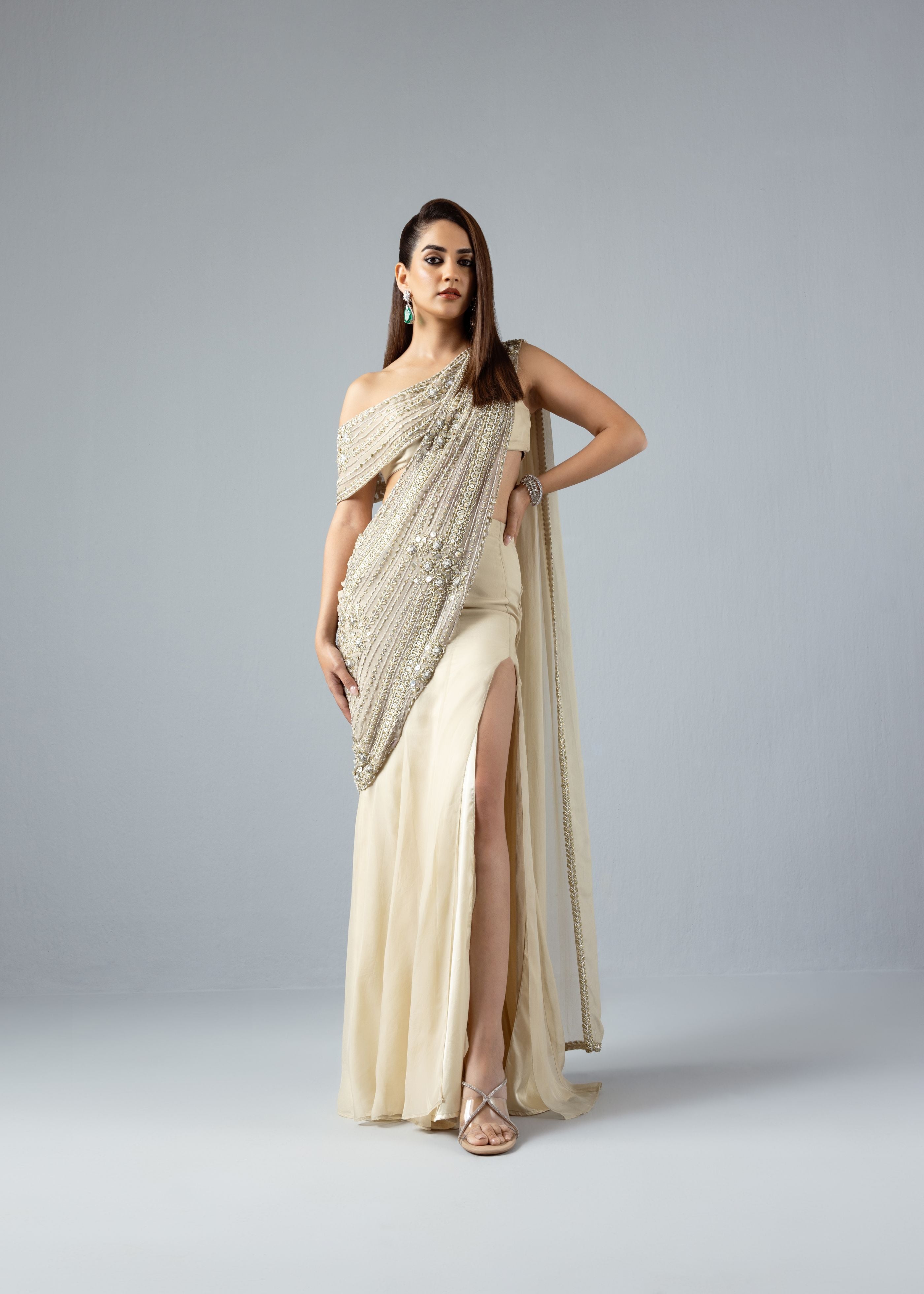 Heavy Embroidered Dove Saree