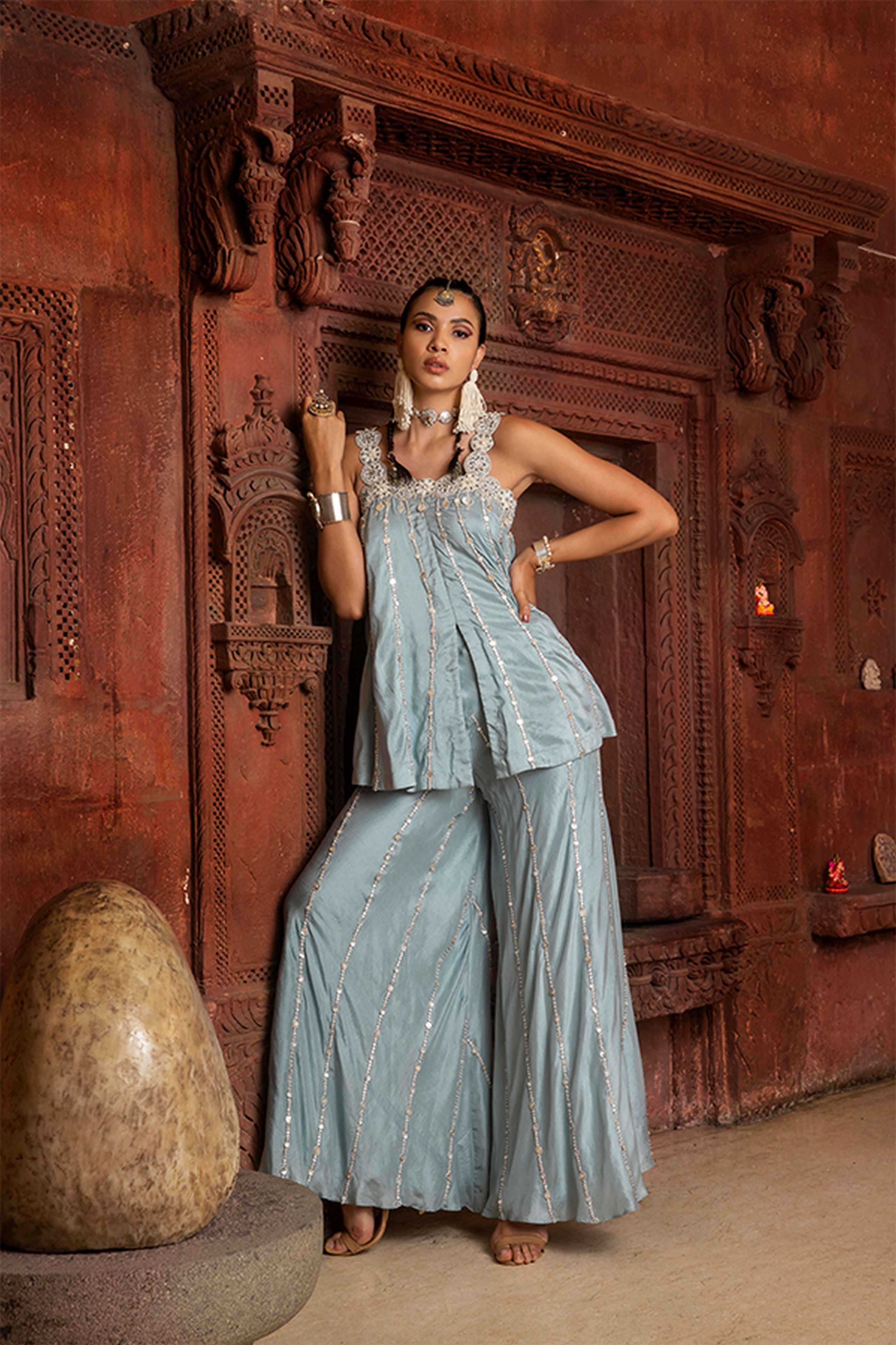 Peplum Spagetti Top With Sharara Pants