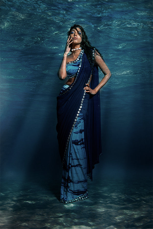 Blue Tie & Dye Pre-Stitched Saree Set