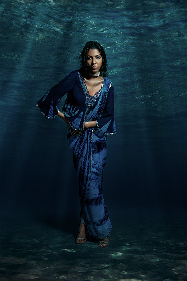 Blue Tie & Dye Pre-Stitched Saree Set