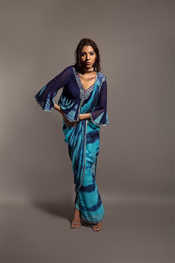 Blue Tie & Dye Pre-Stitched Saree Set