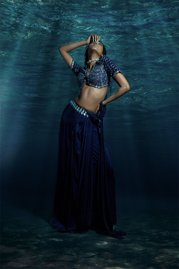 Blue Embellished Pre-Stitched Saree Set