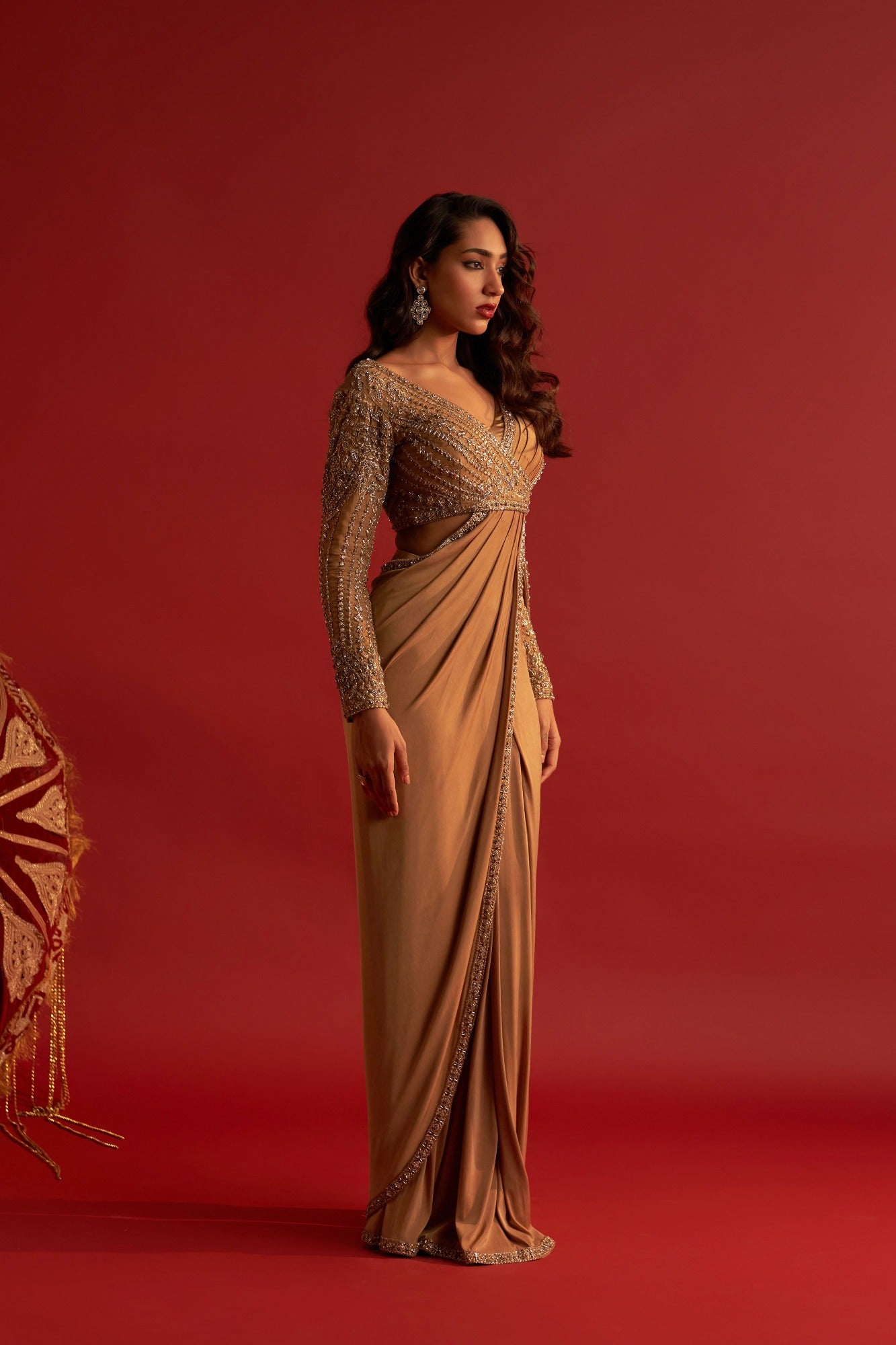 Caramel Gold Pre Stitched Saree