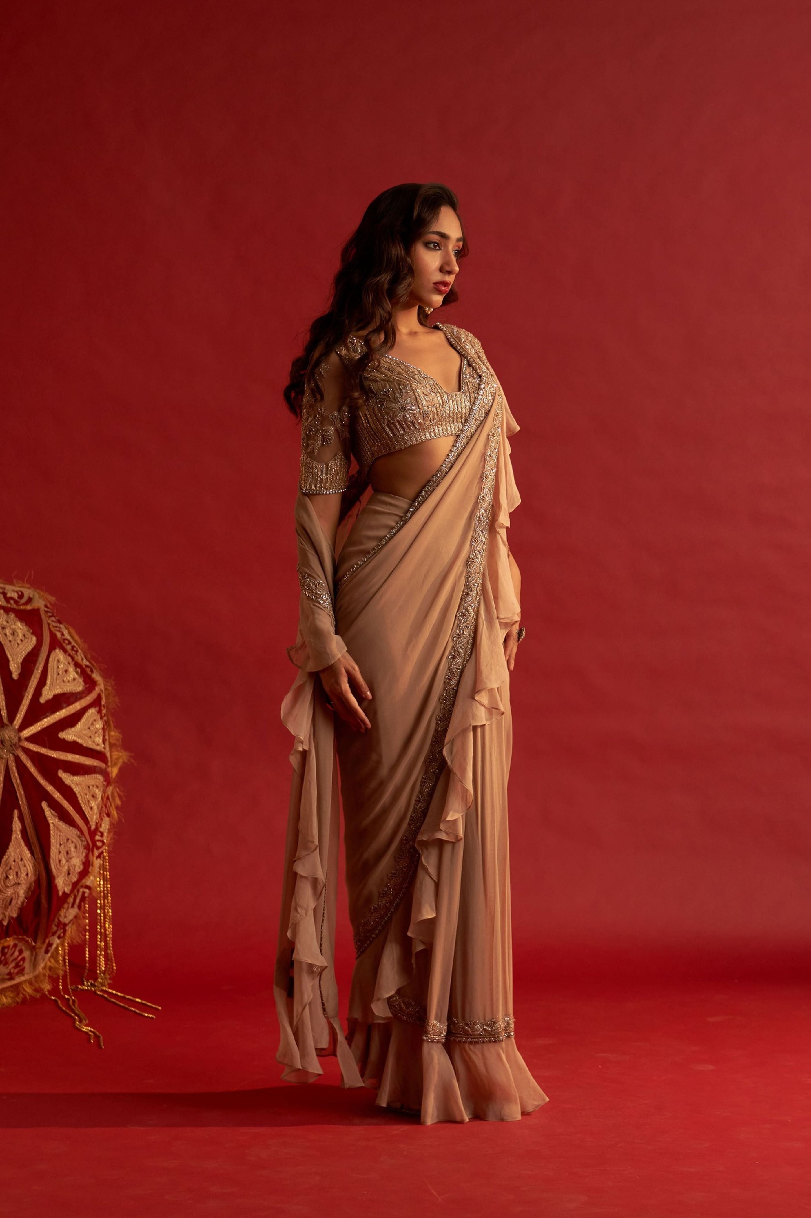 Gilt Ruffle Pre Stitched Saree