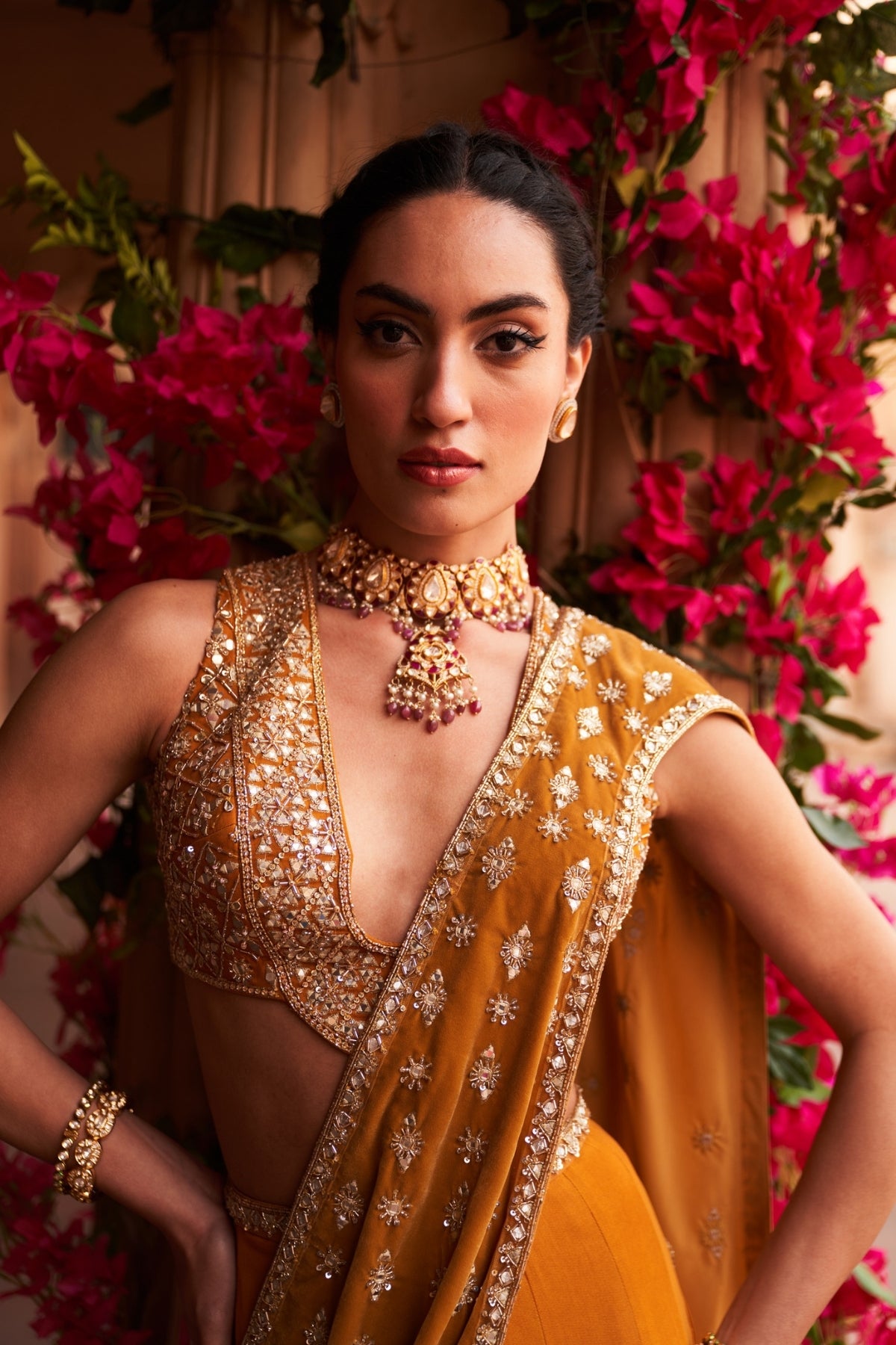 Haldi yellow godet drape saree