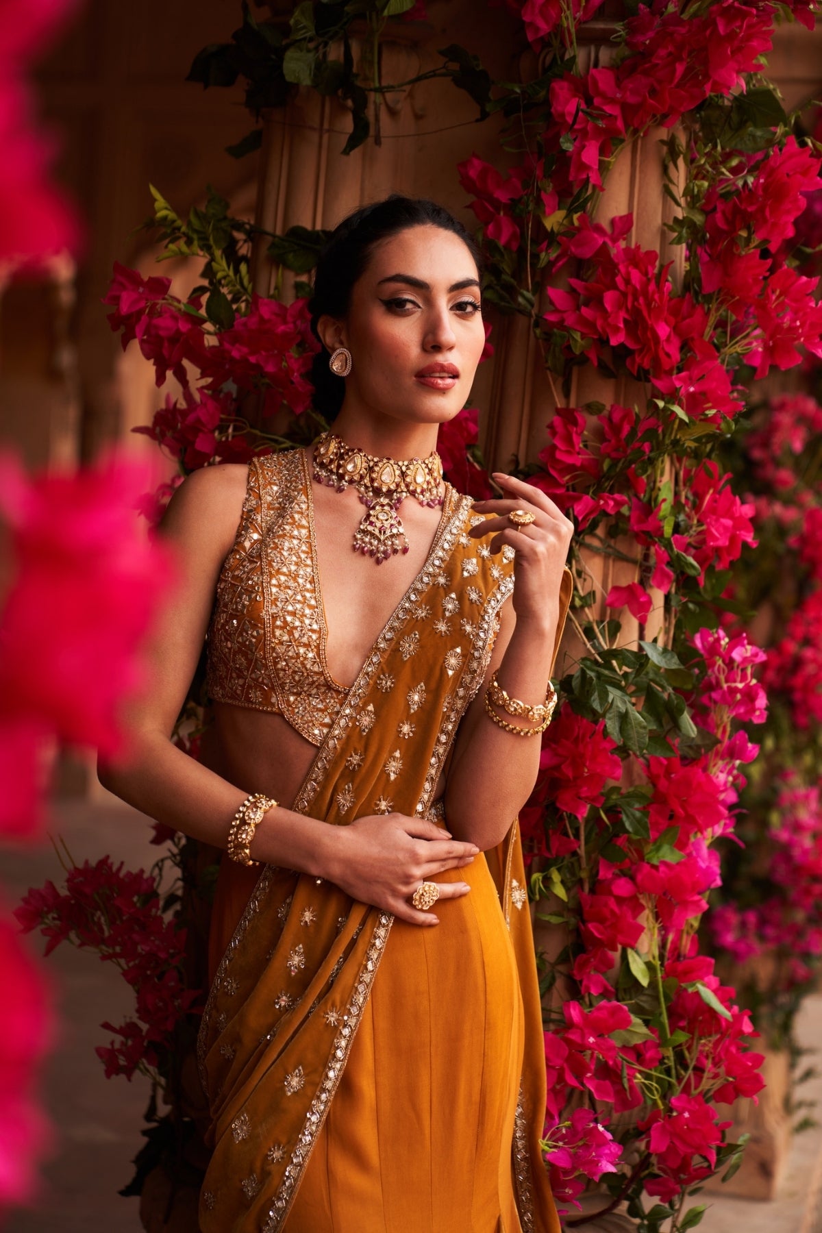 Haldi yellow godet drape saree