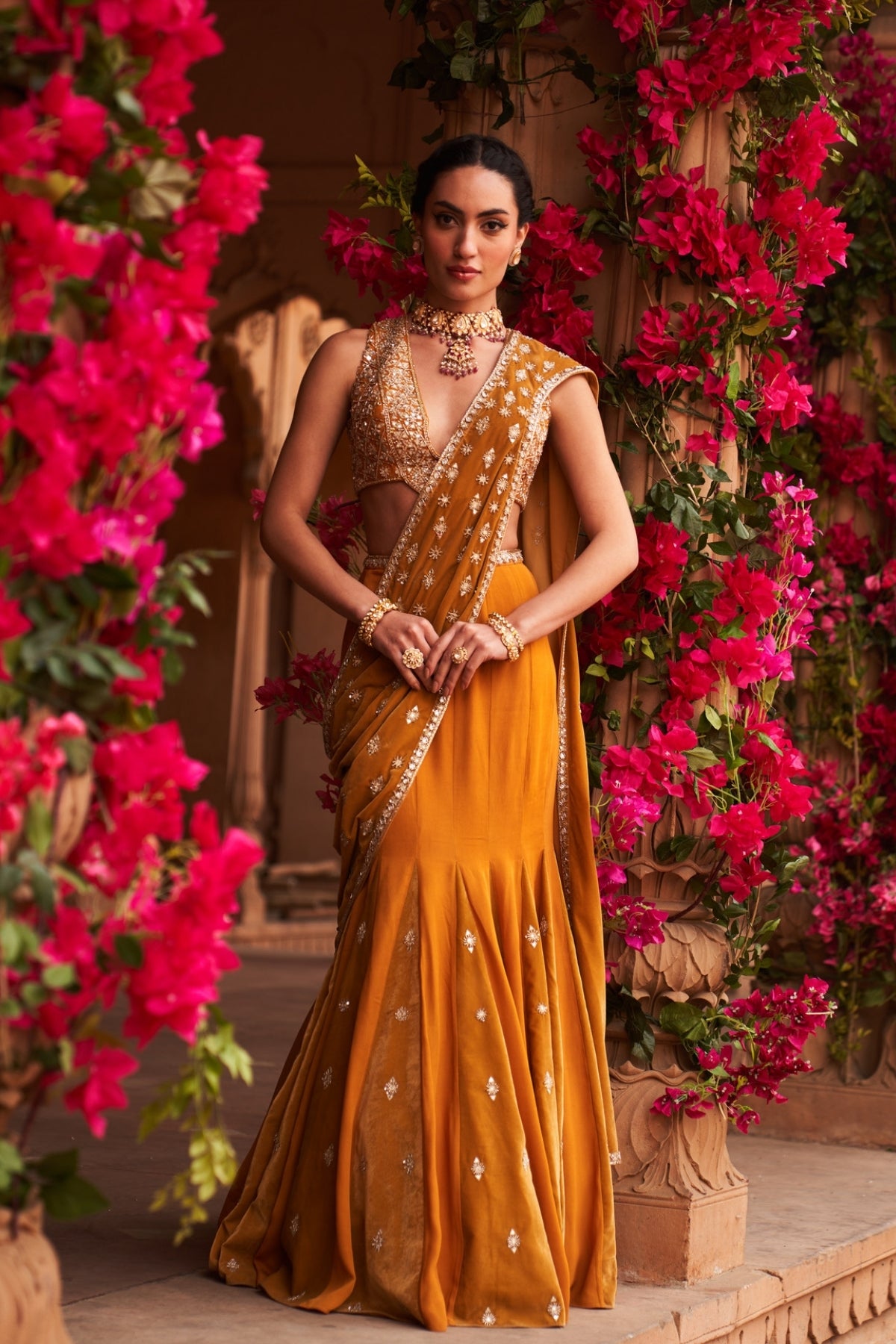 Haldi yellow godet drape saree