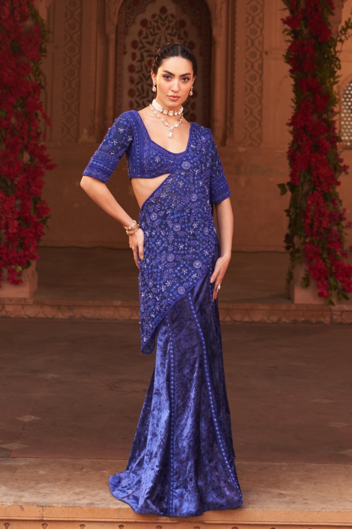 Electric blue drape saree set