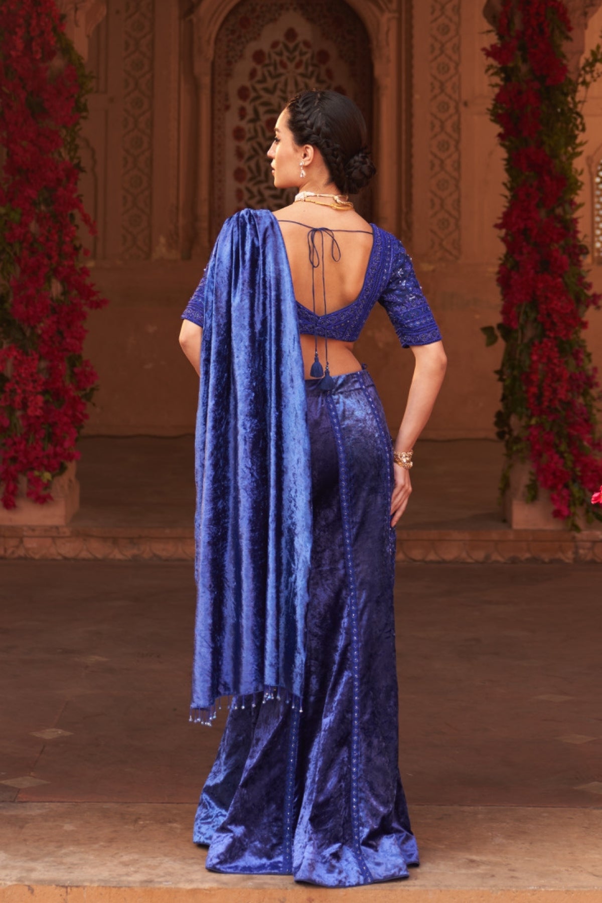 Electric blue drape saree set