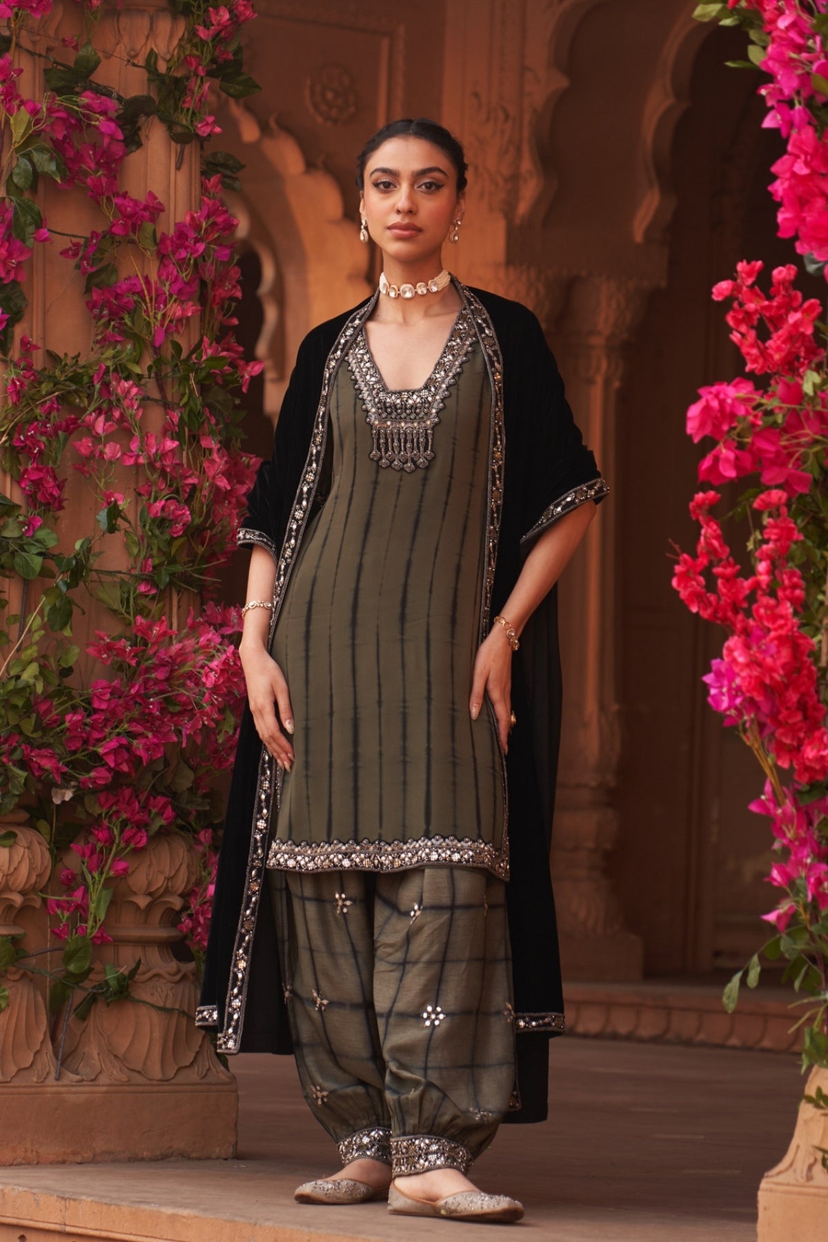 Dull olive tie-dye kurti-salwar set