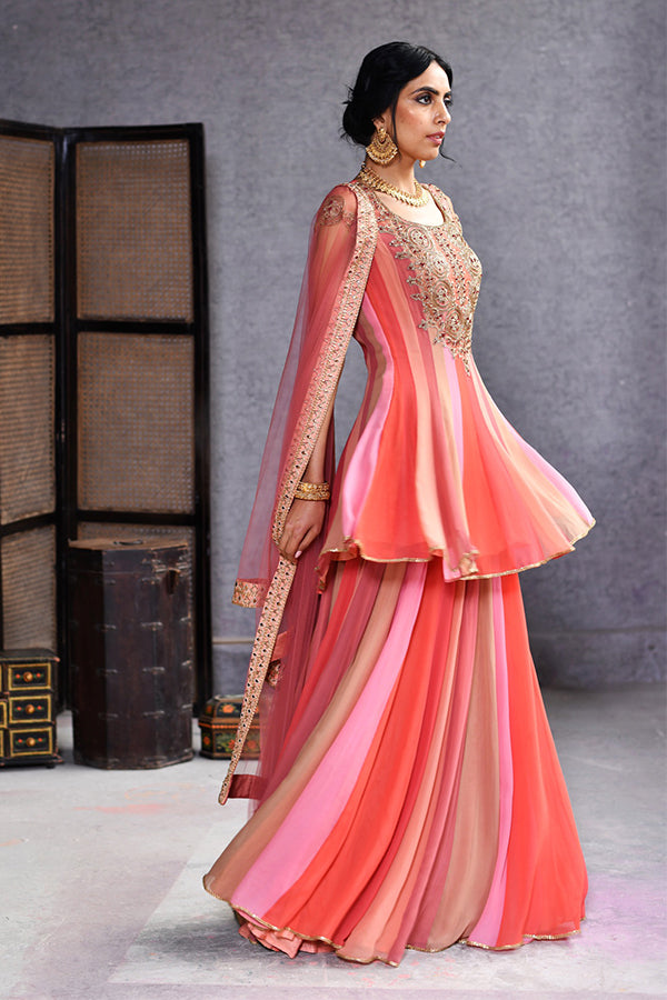 Colorful Short Anarkali With Sharar A And Dupatta