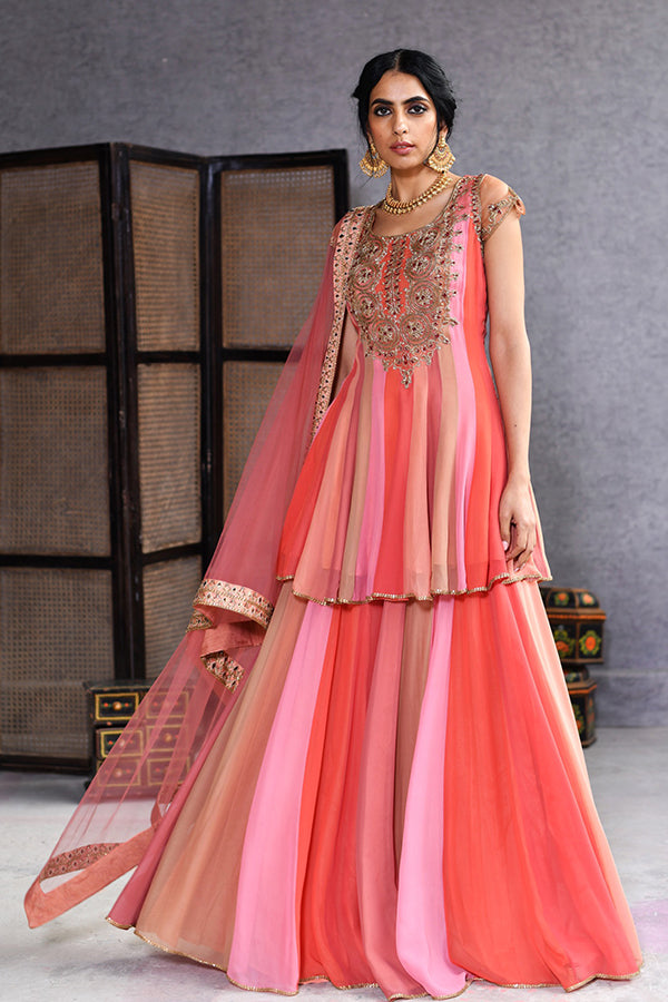 Colorful Short Anarkali With Sharar A And Dupatta