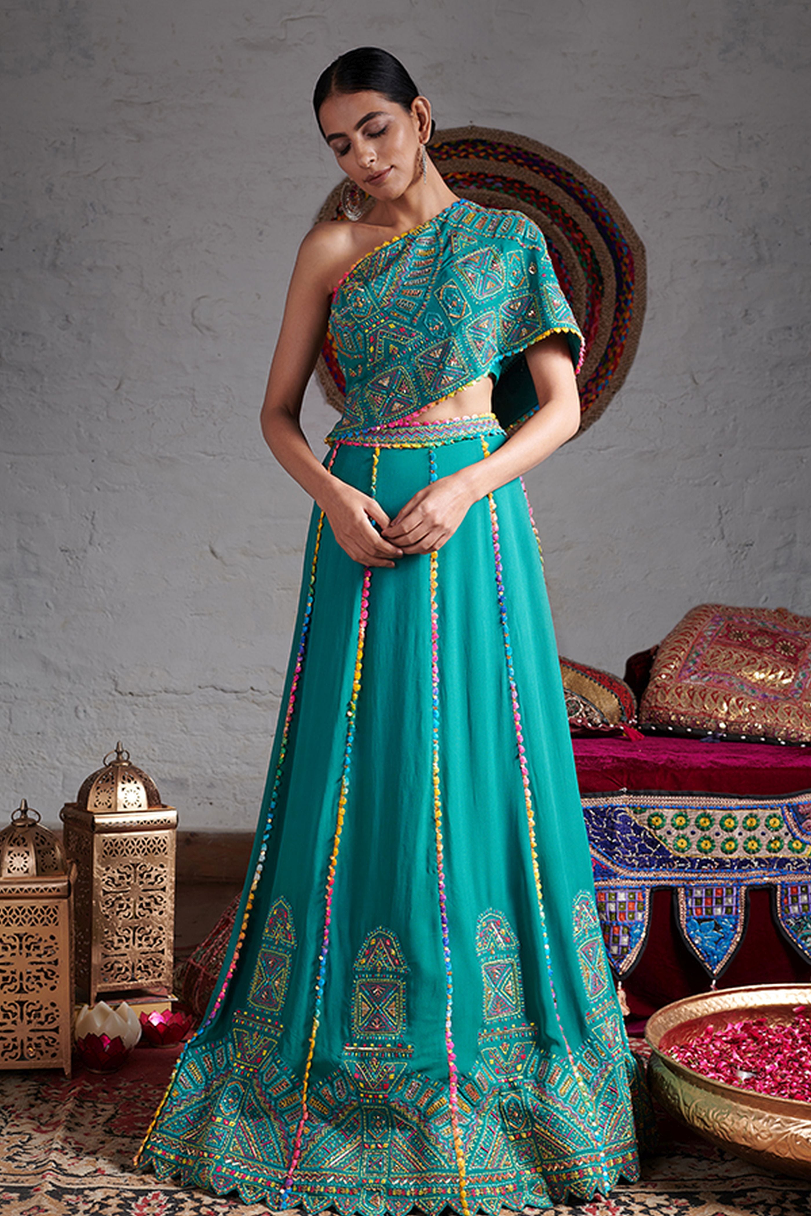 One Side Off Shoulder Crop Top With Lehenga And Dupatta