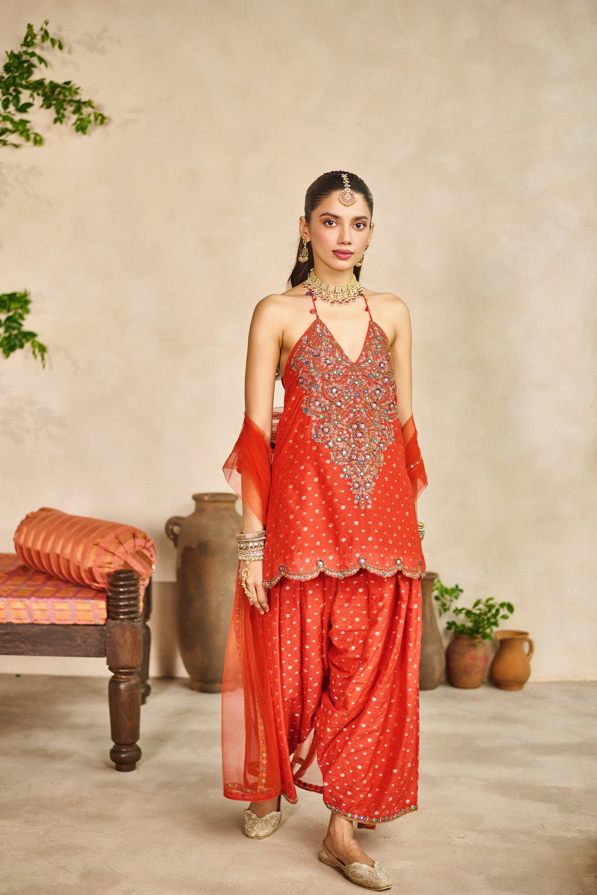 Rama orange halter kurta salwar set