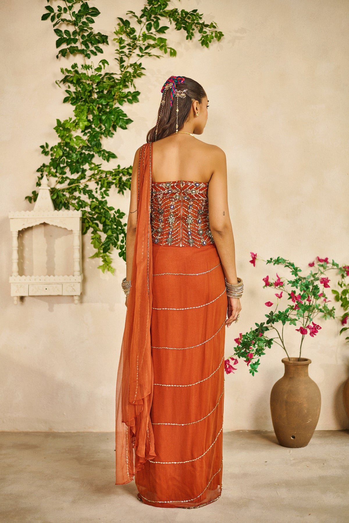 Devi zar corset skirt draped dupatta set