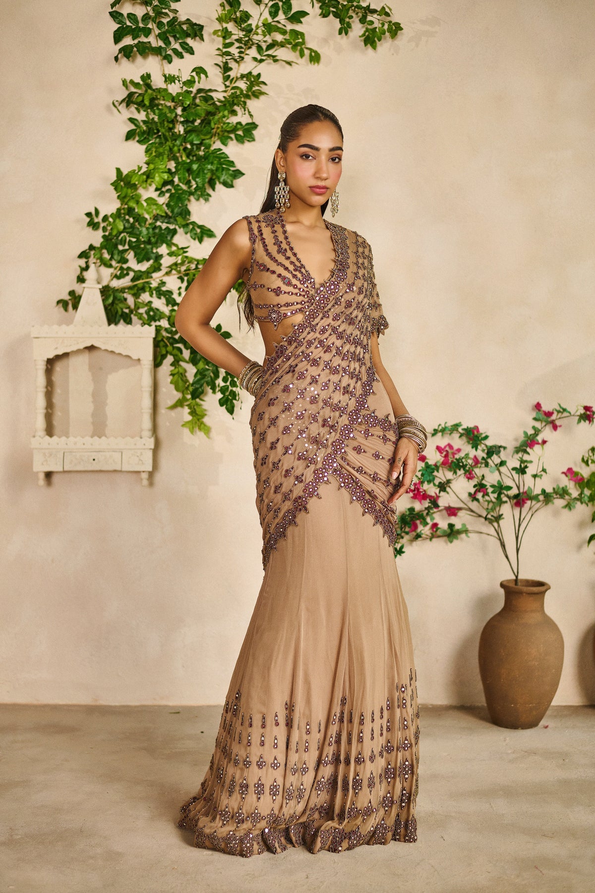 Sheesh jaal pre stitched saree
