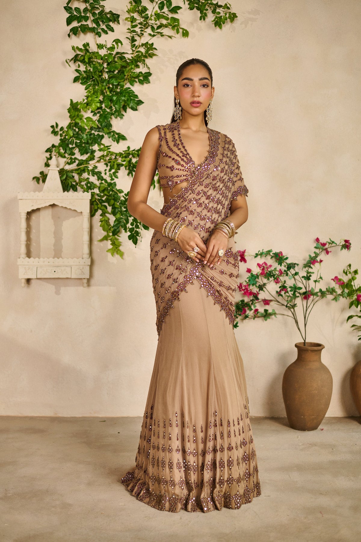 Sheesh jaal pre stitched saree
