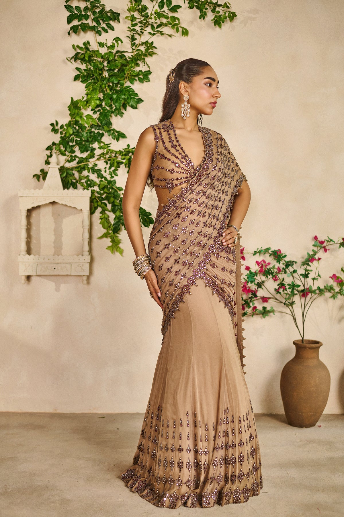 Sheesh jaal pre stitched saree