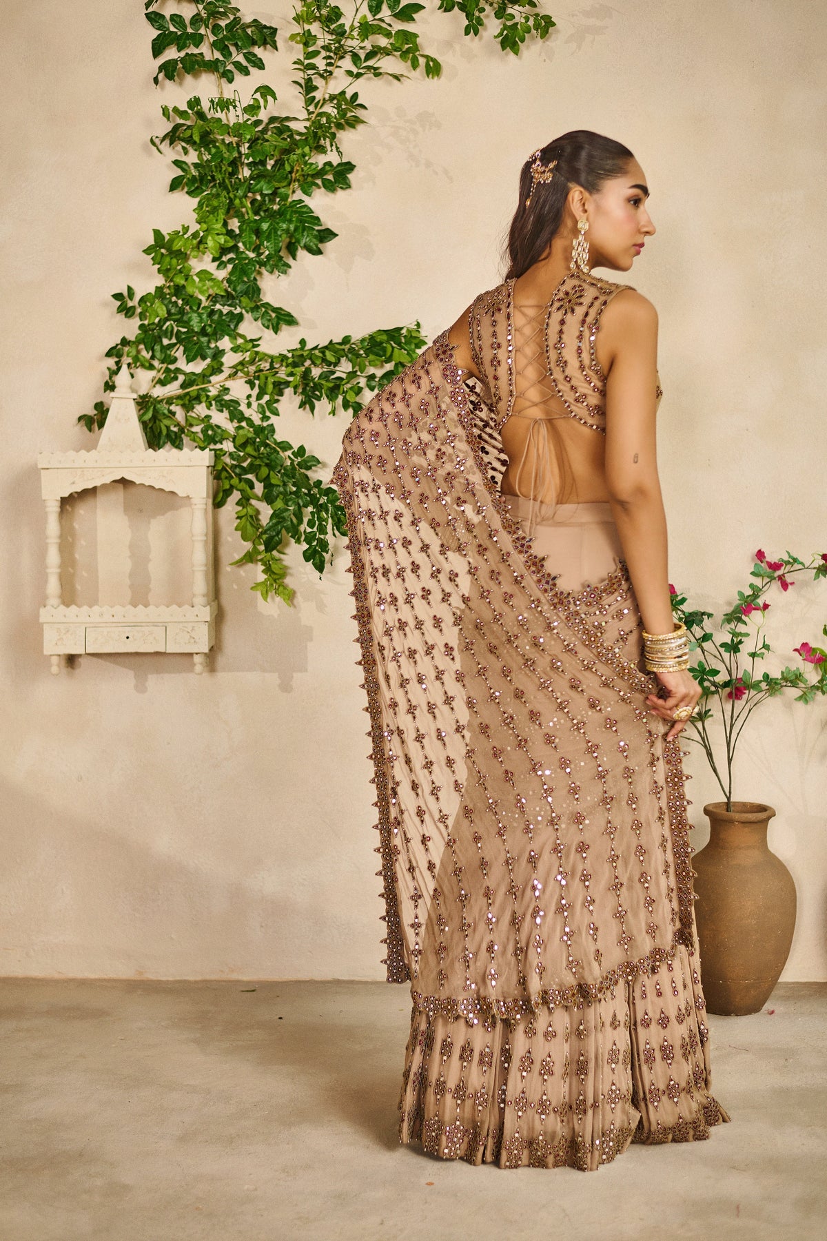 Sheesh jaal pre stitched saree