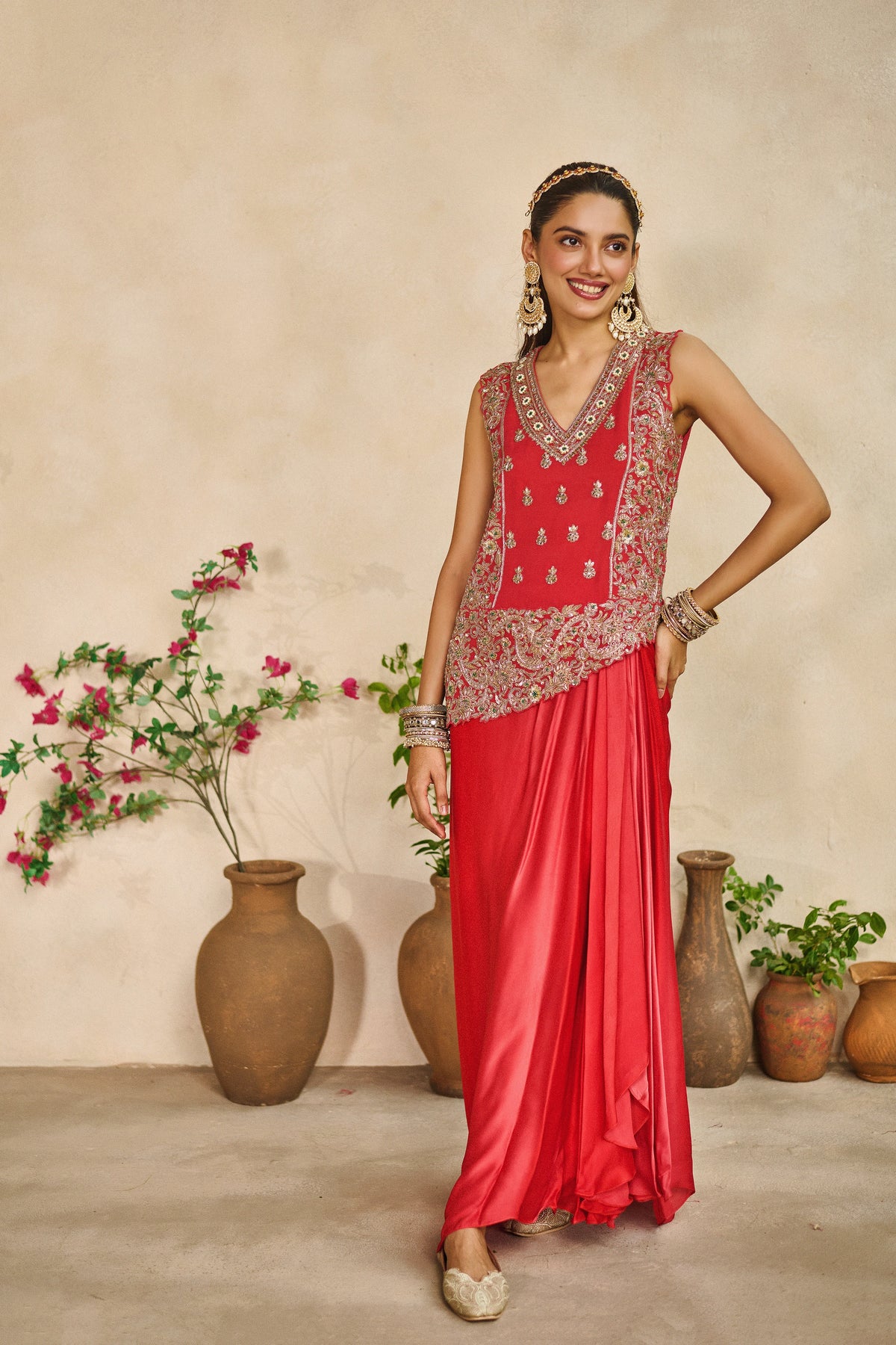 Surkh asymmetric kurta lungi skirt set