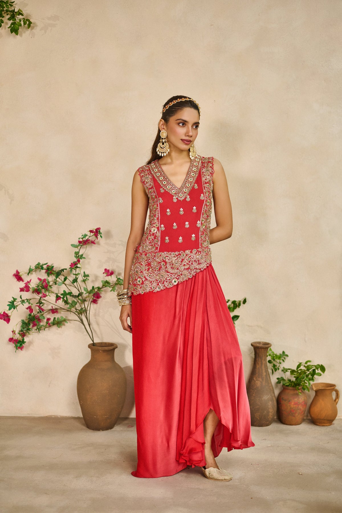 Surkh asymmetric kurta lungi skirt set