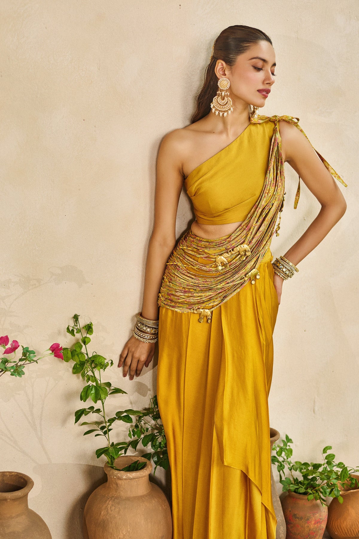 Kanak taar one shoulder sash top lungi skirt set