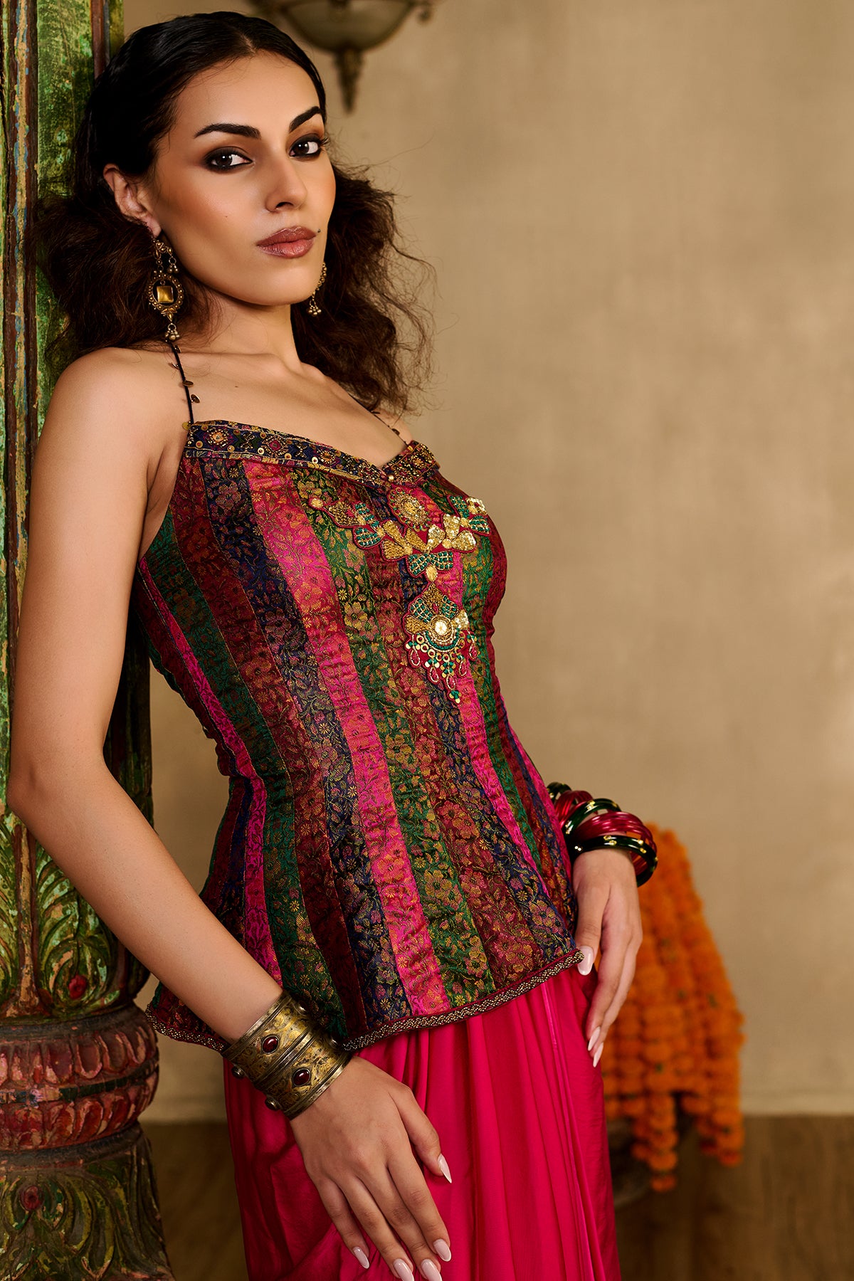 Rani pink corset drape skirt set