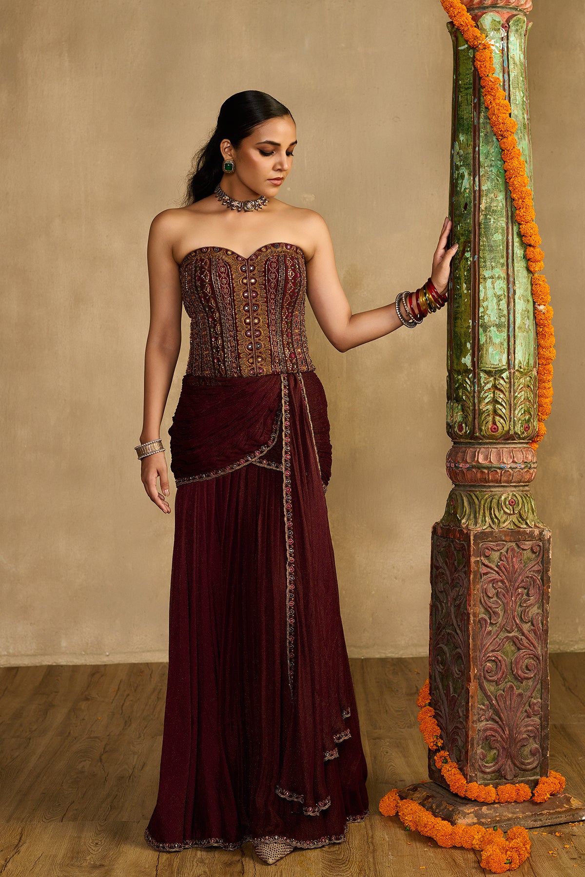 Saanjh maroon Corset Drape Skirt Set