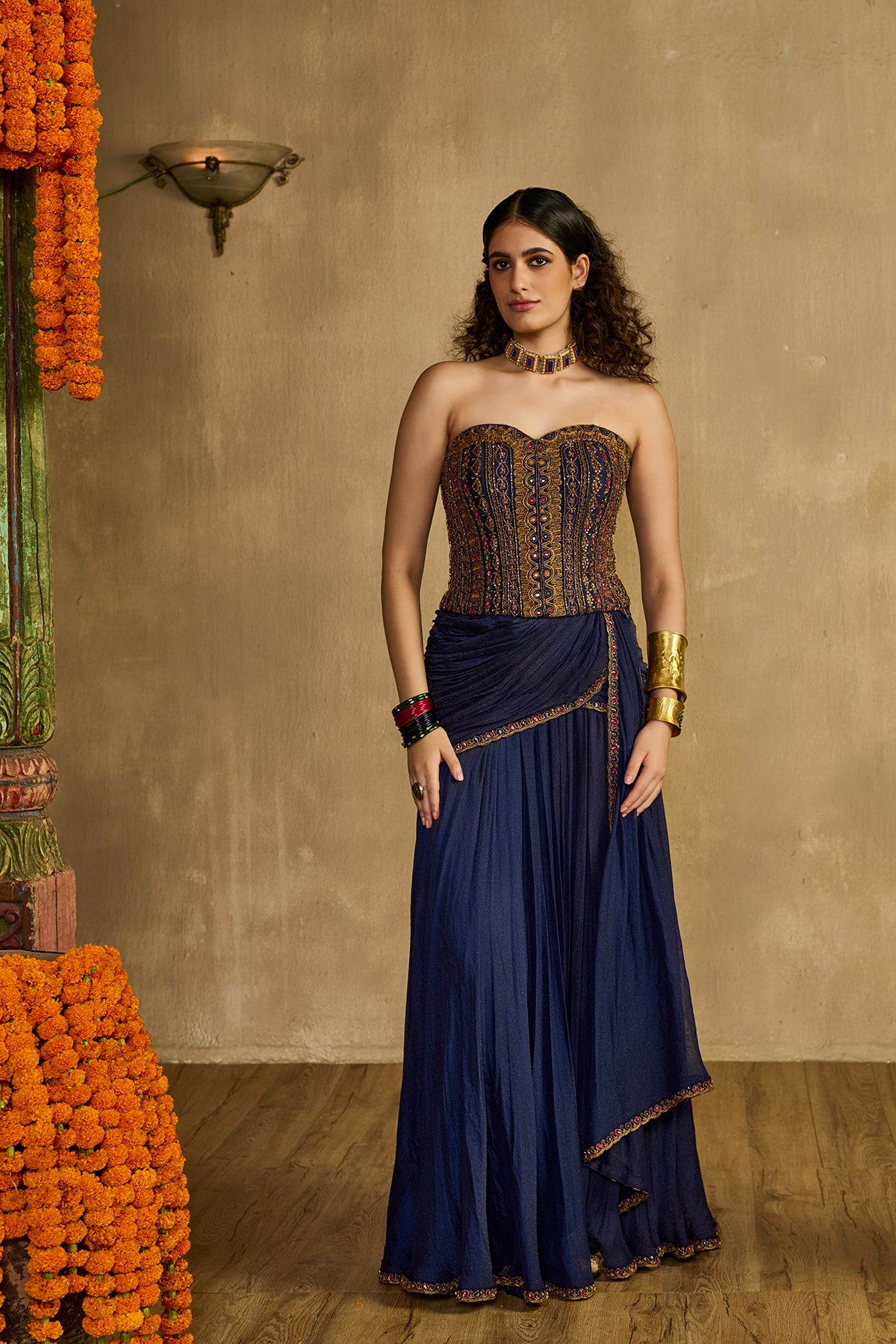 Saanjh midnight blue Corset Drape Skirt Set