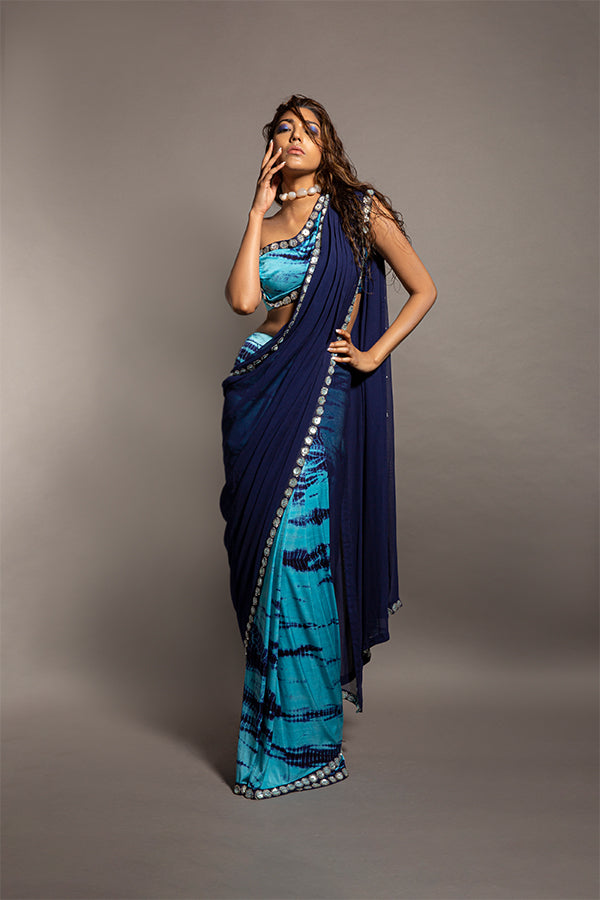 Blue Tie & Dye Pre-Stitched Saree Set