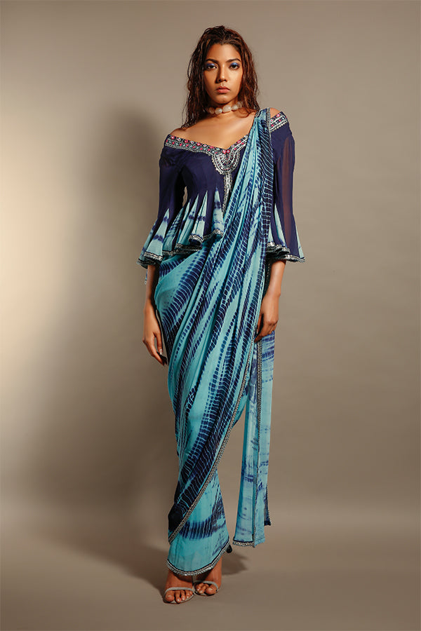Blue Tie & Dye Pre-Stitched Saree Set